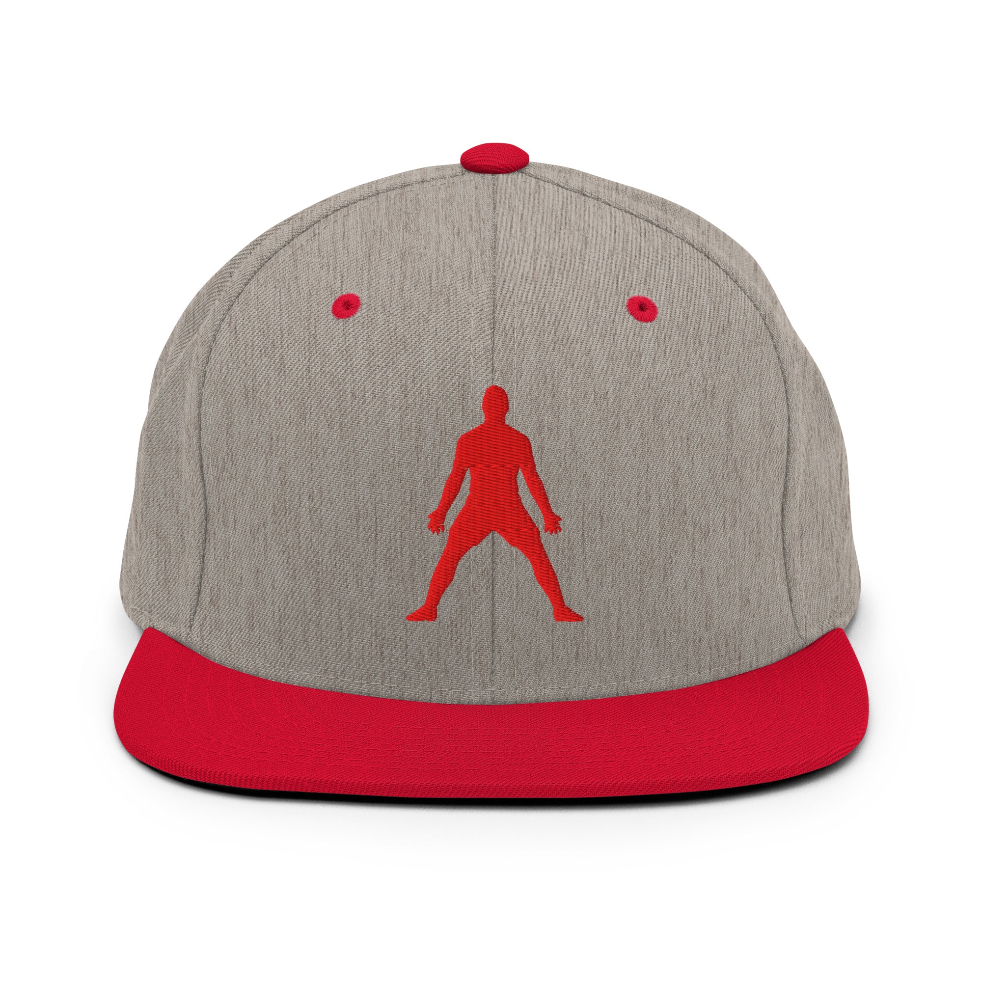 Heather grey snapback hat with red 3D puff silhouette logo and red brim, flat brim, button top.