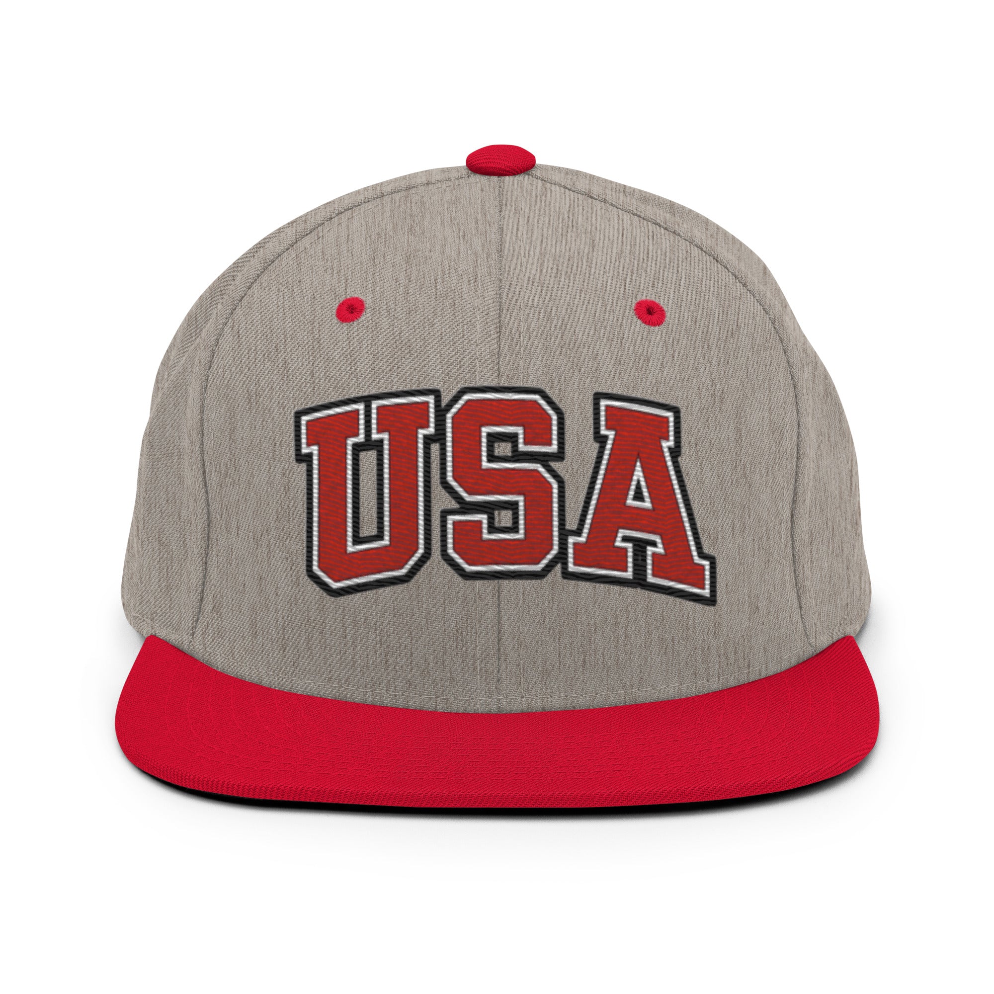 Heather gray snapback hat with red brim and embroidered USA logo in red and white