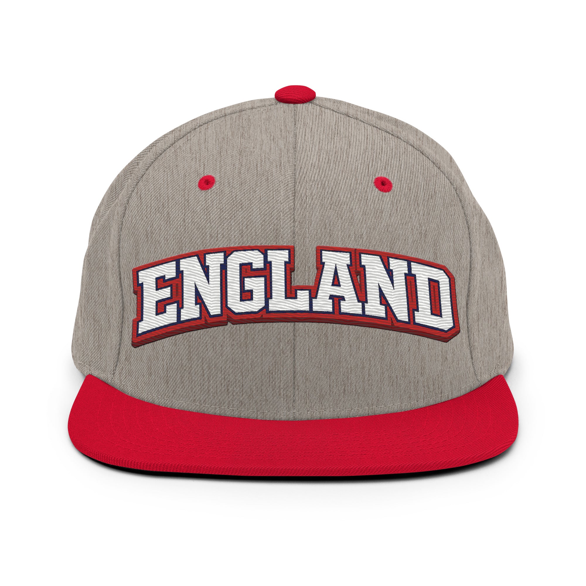 Heather grey snapback hat with red brim and embroidered “ENGLAND” on the front.