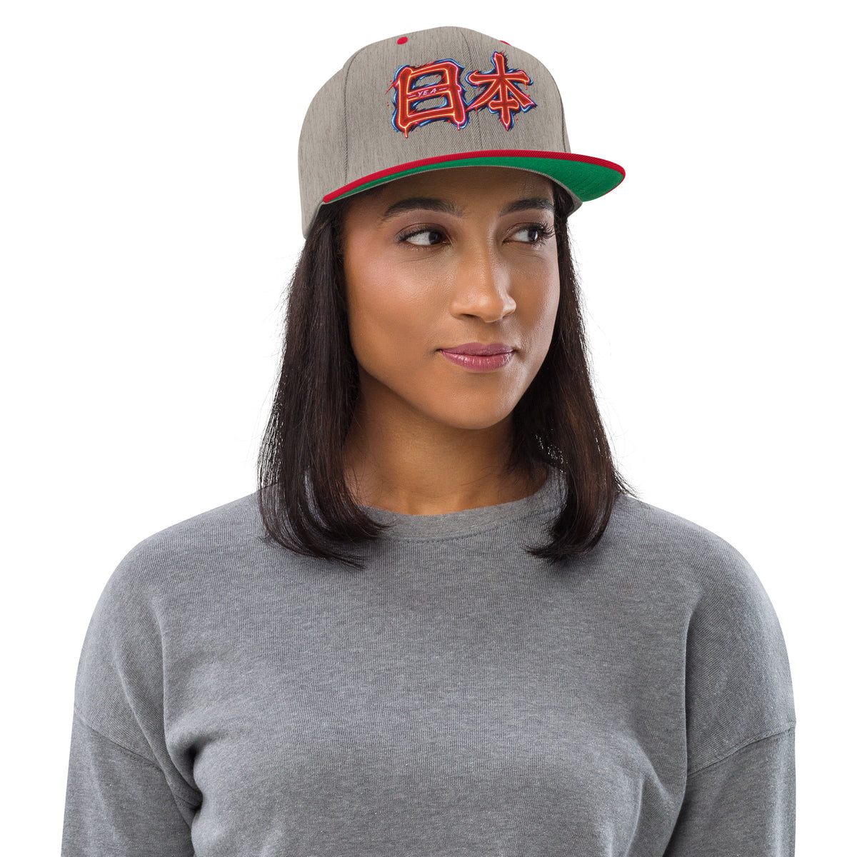 Heather grey snapback hat with red flat bill and neon Japanese embroidery