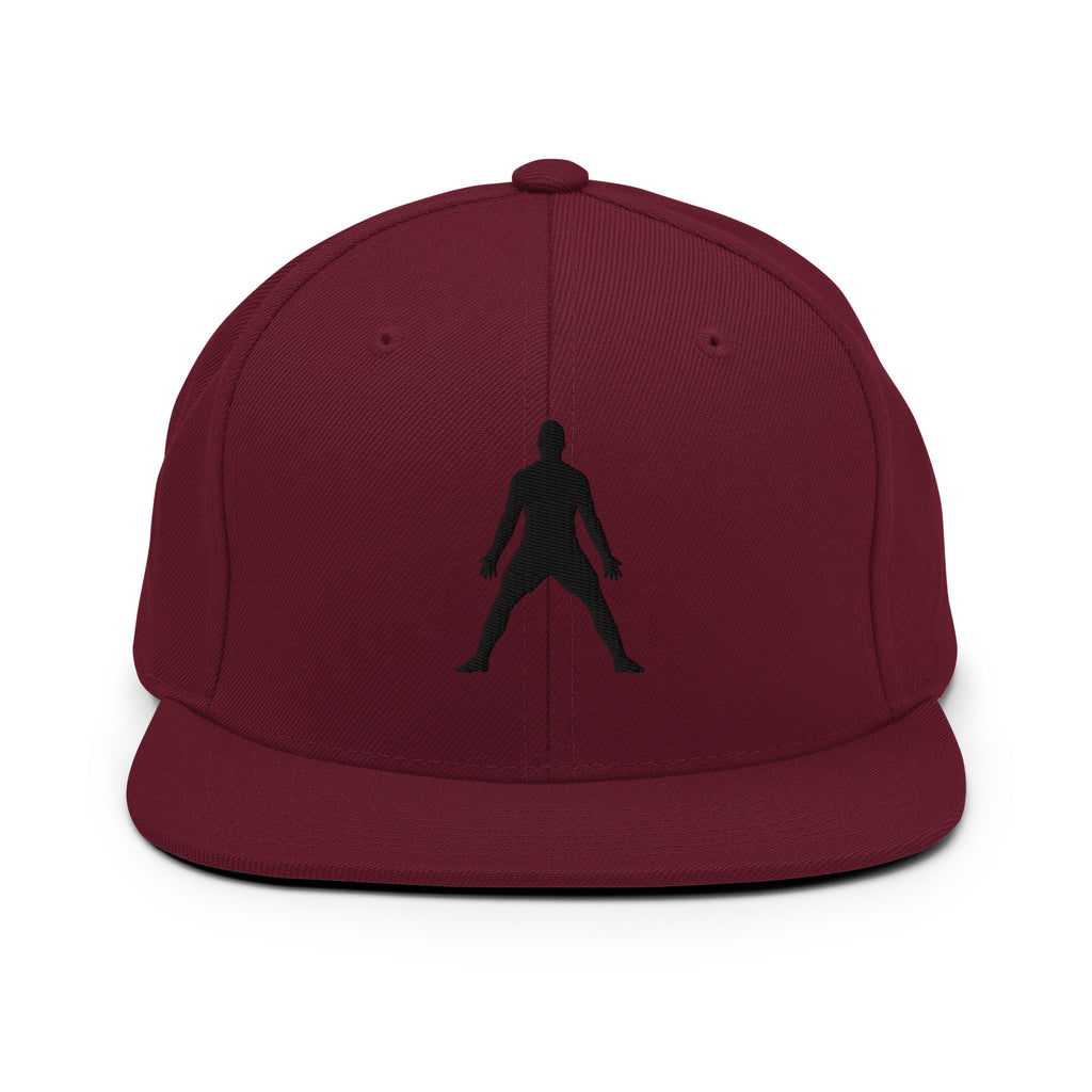 Maroon snapback hat with 3D puff embroidered standing silhouette on front