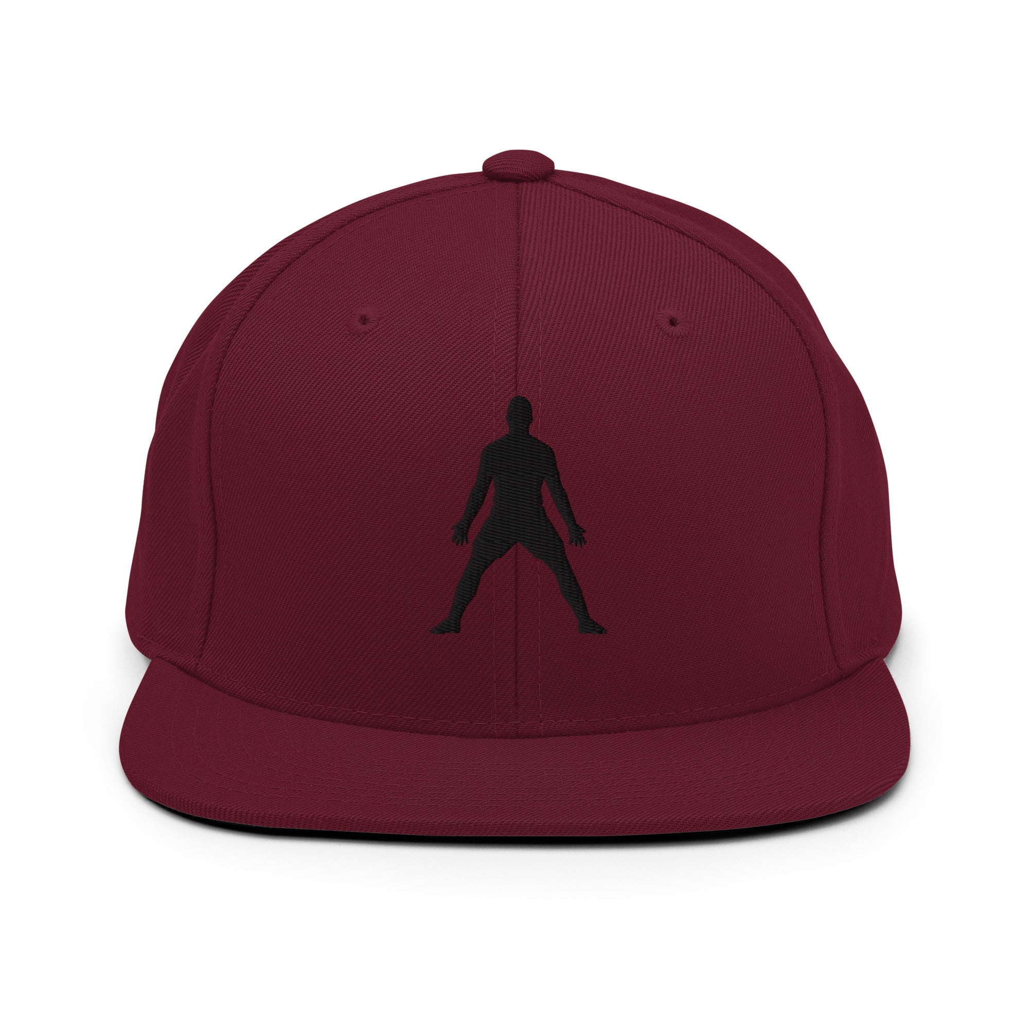 Maroon snapback hat with 3D puff embroidered standing silhouette on front