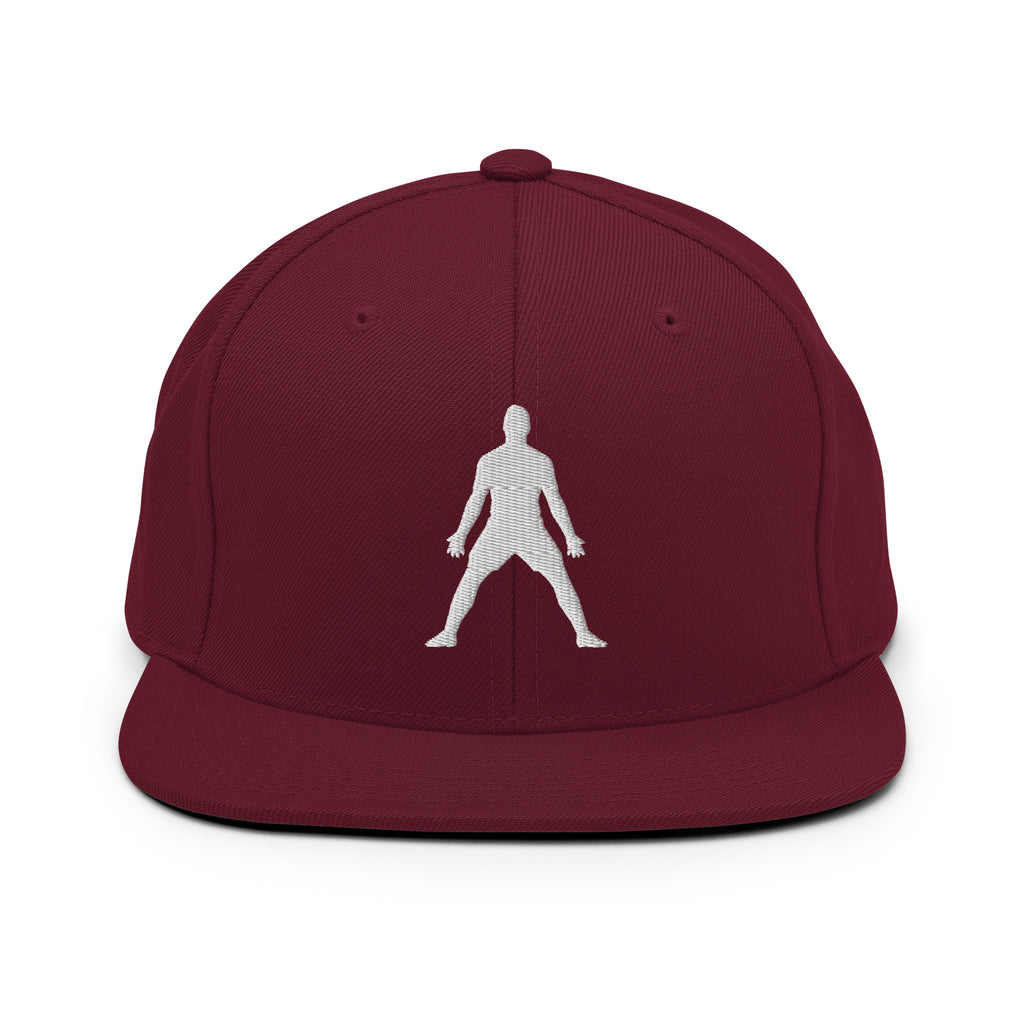 Maroon snapback hat with white 3D puff embroidered figure logo on front