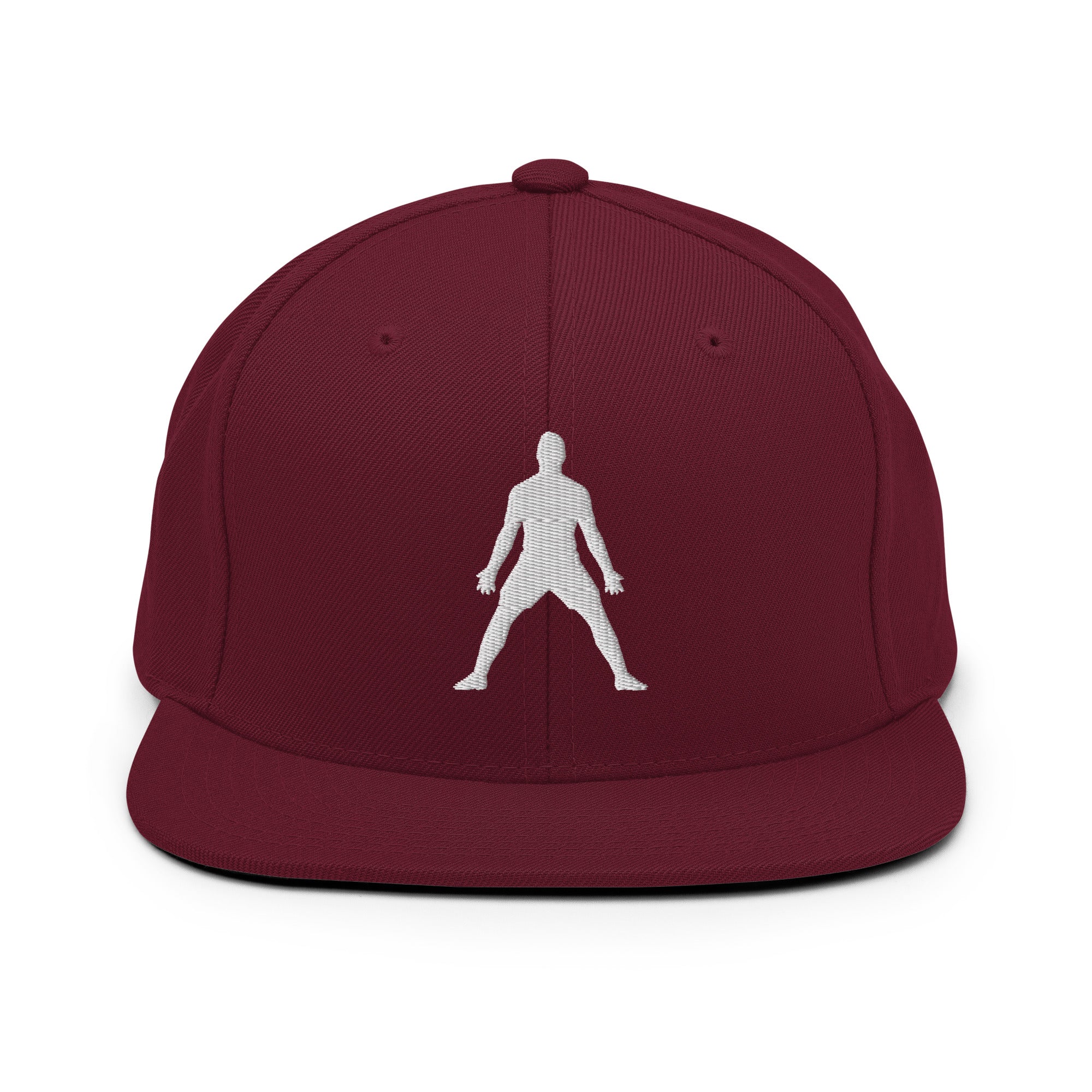 Maroon snapback hat with white 3D puff embroidered figure logo on front