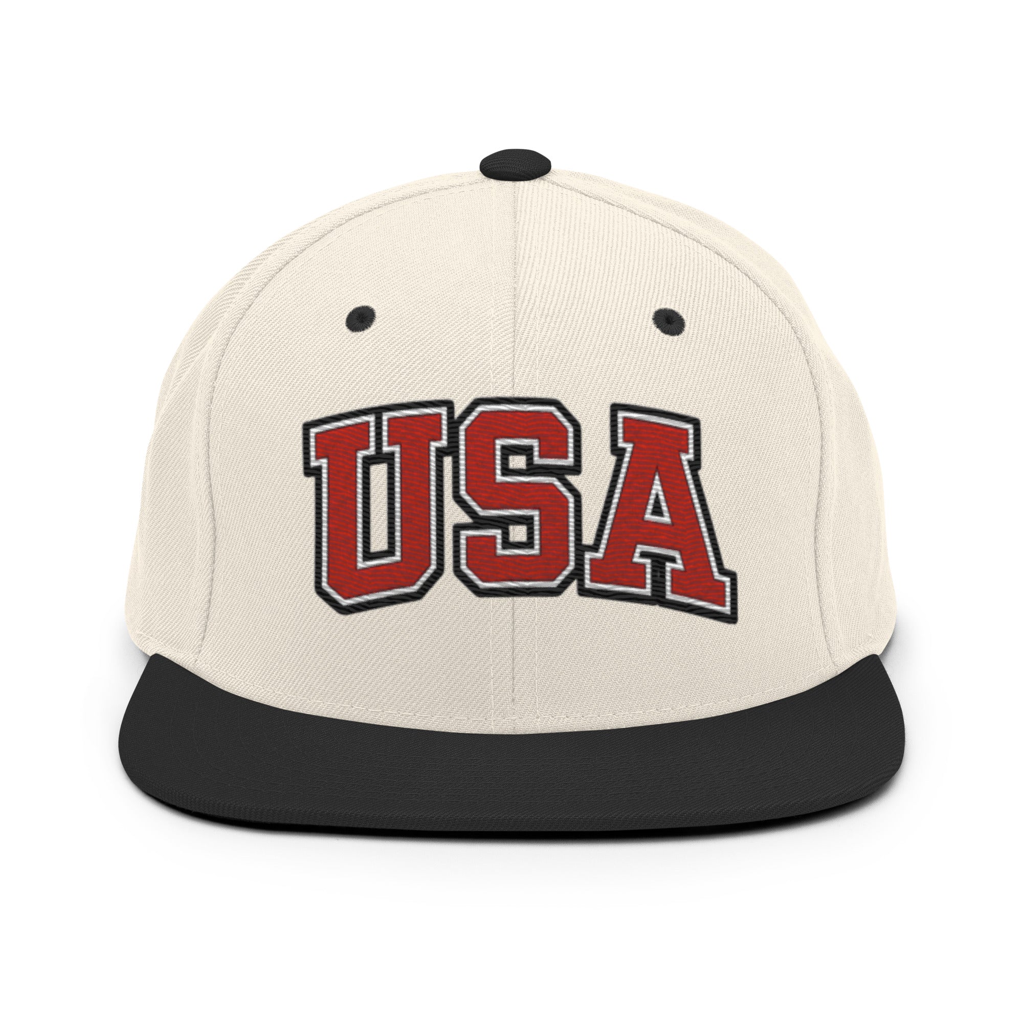 Embroidered baseball cap in light beige with USA patch front and black brim