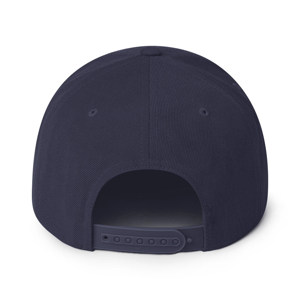 Navy snapback hat back view with adjustable strap and ventilation eyelets.