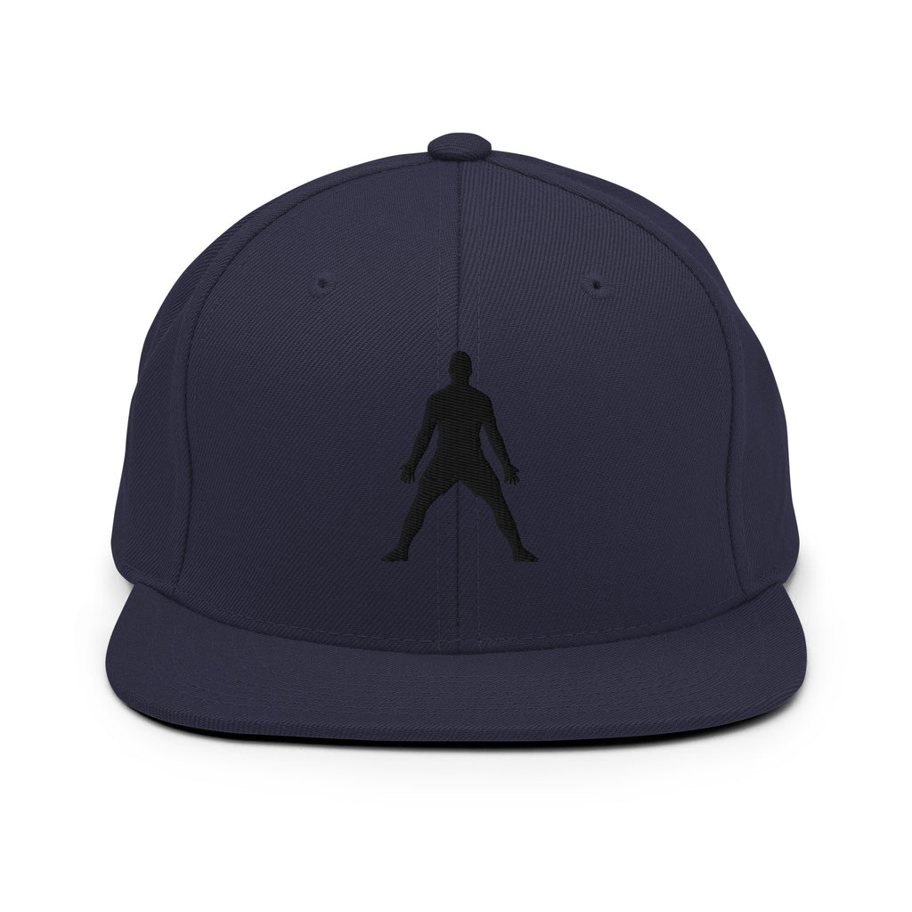 Navy snapback hat with 3D puff embroidered standing silhouette on front