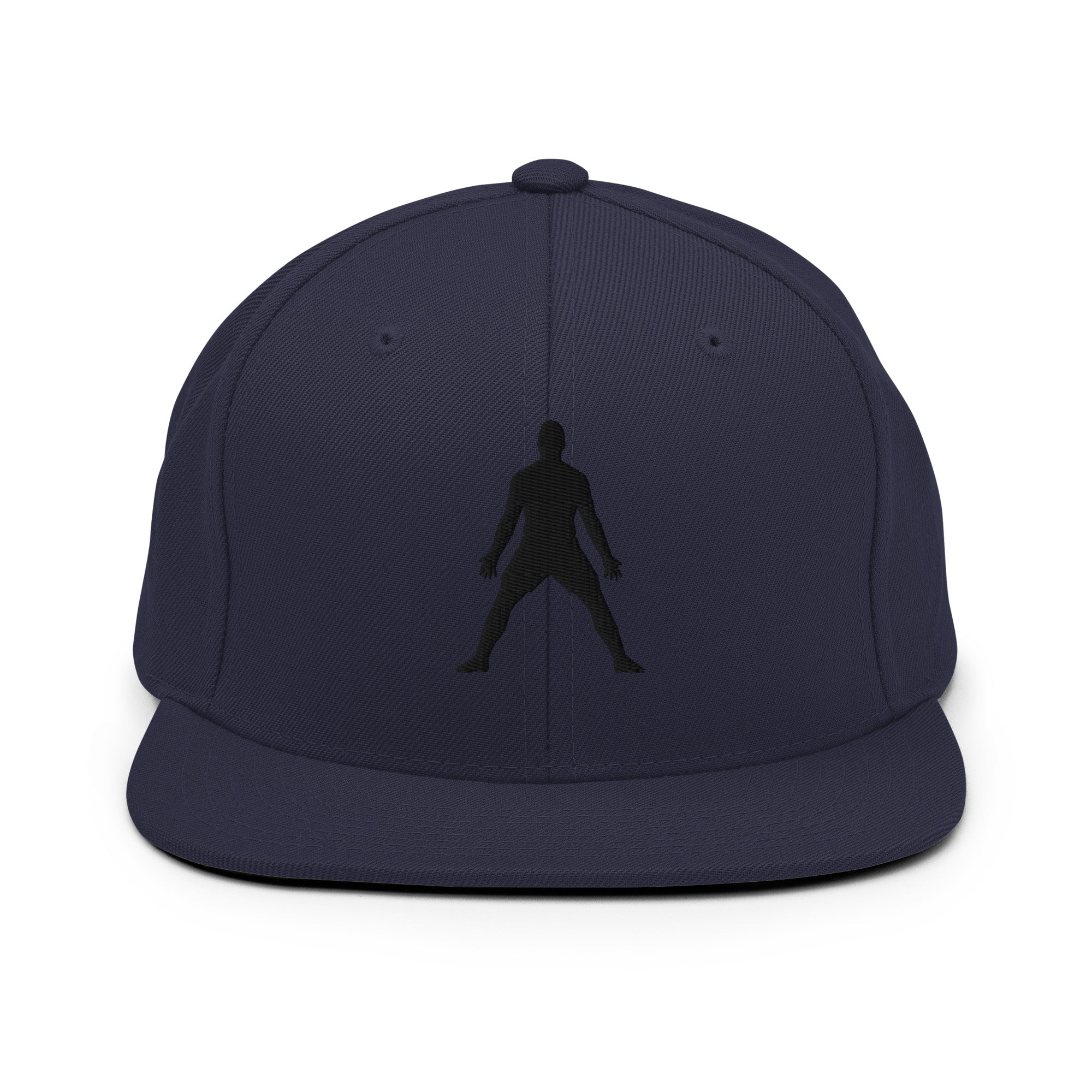 Navy snapback hat with 3D puff embroidered standing silhouette on front