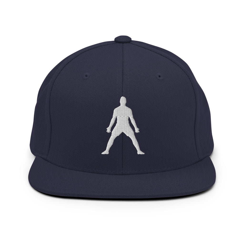 Dark navy snapback hat with white 3D puff embroidered figure logo on front