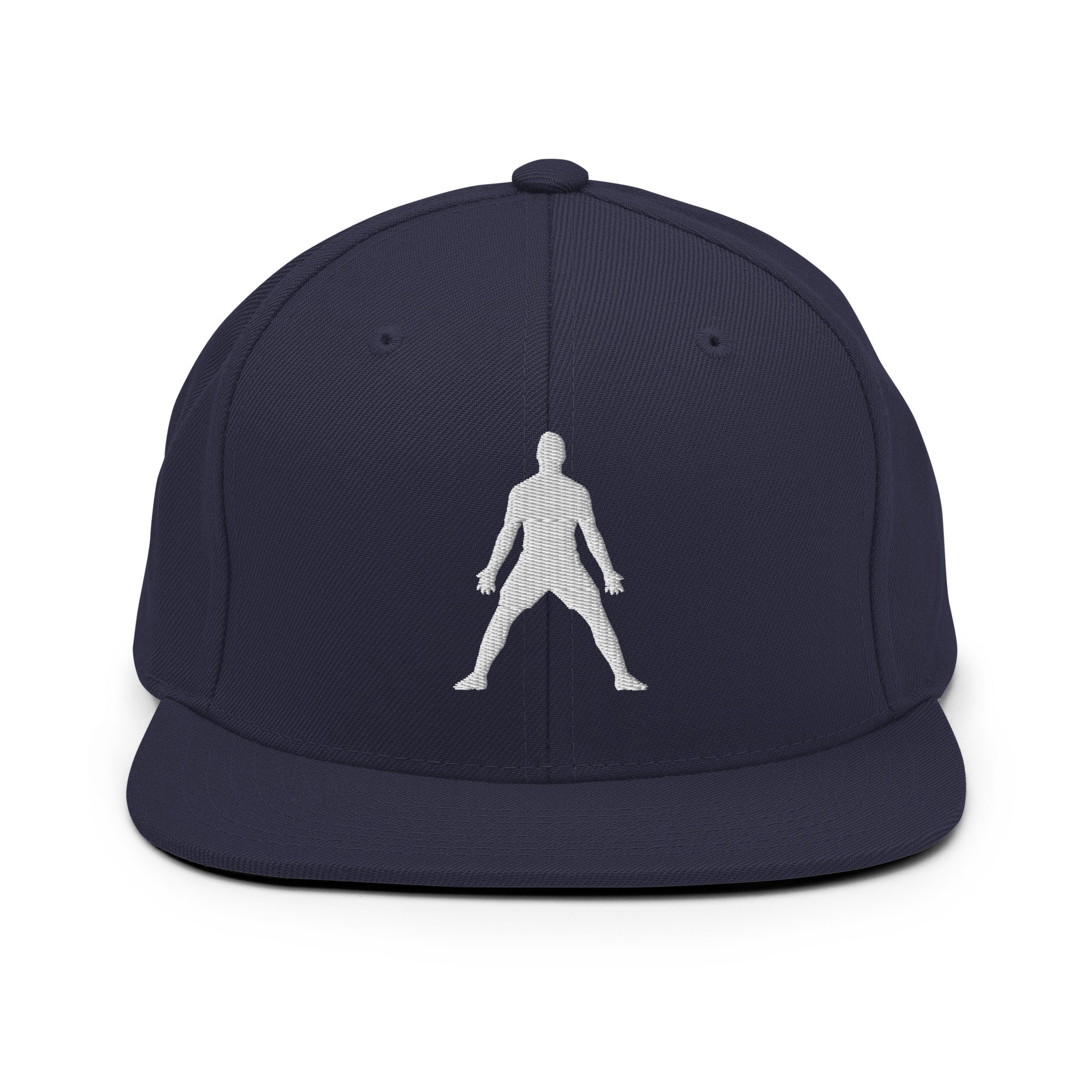 Dark navy snapback hat with white 3D puff embroidered figure logo on front
