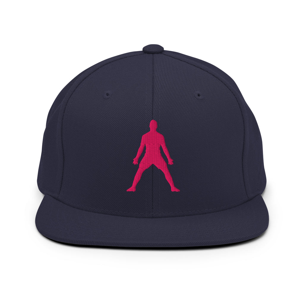 Navy snapback hat with neon pink 3D-style embroidered figure on front panel