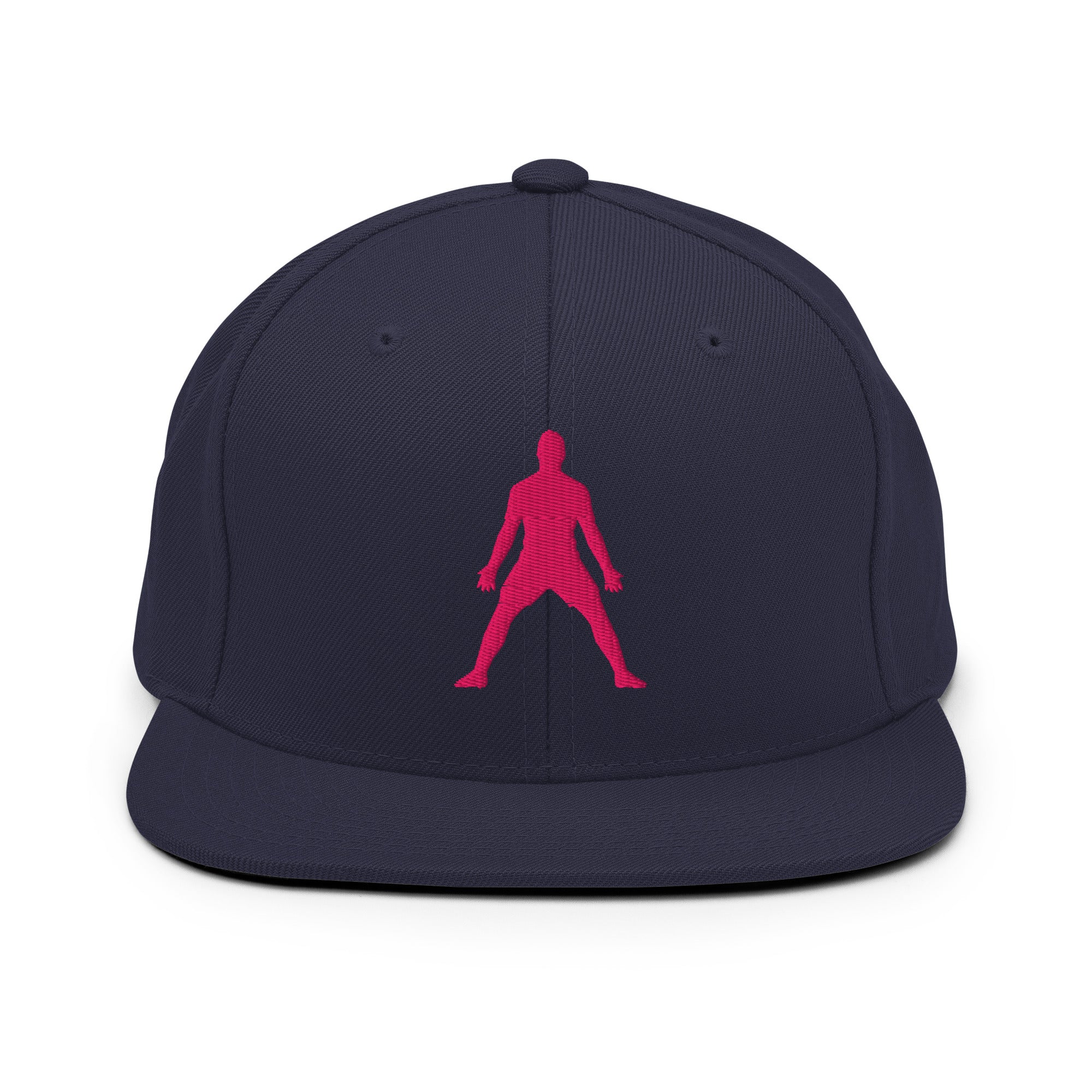 Navy snapback hat with neon pink 3D-style embroidered figure on front panel
