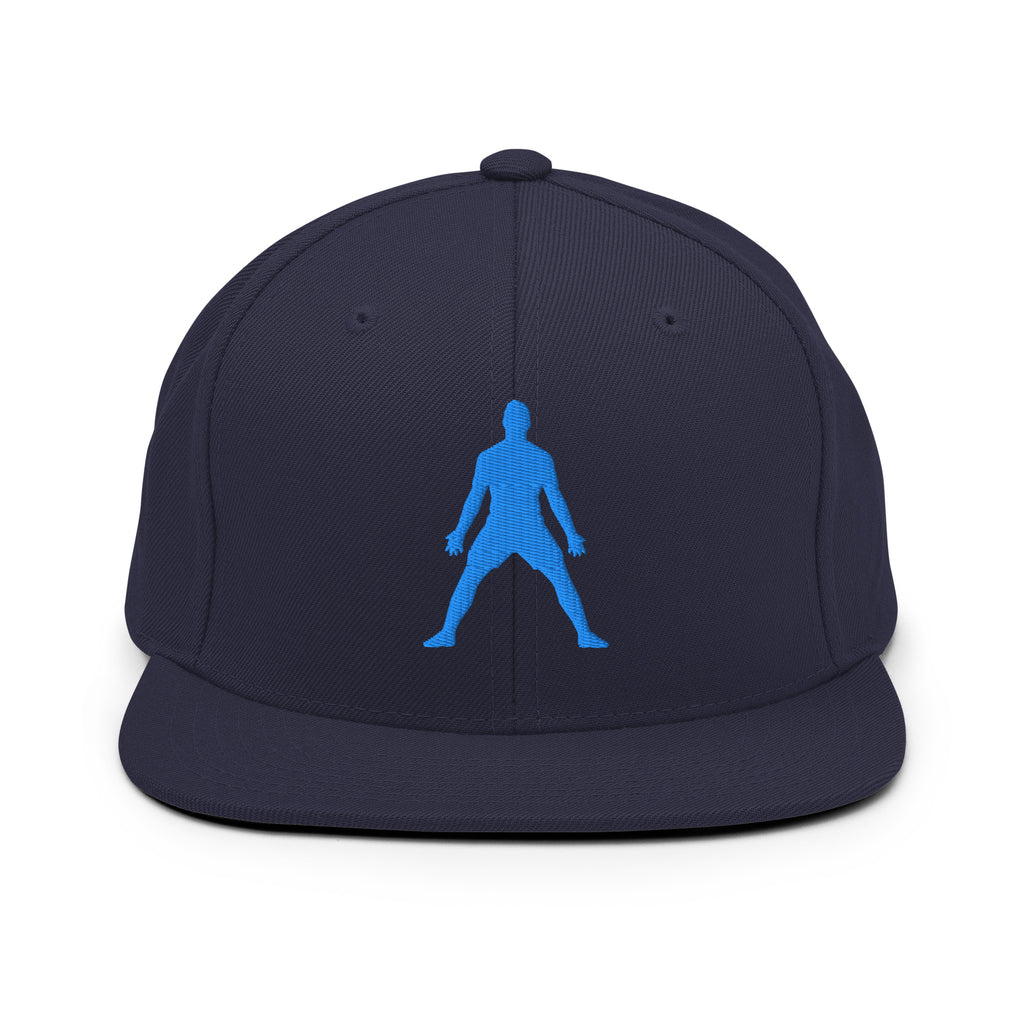 Navy snapback hat with 3D puff blue silhouette embroidery on front panel