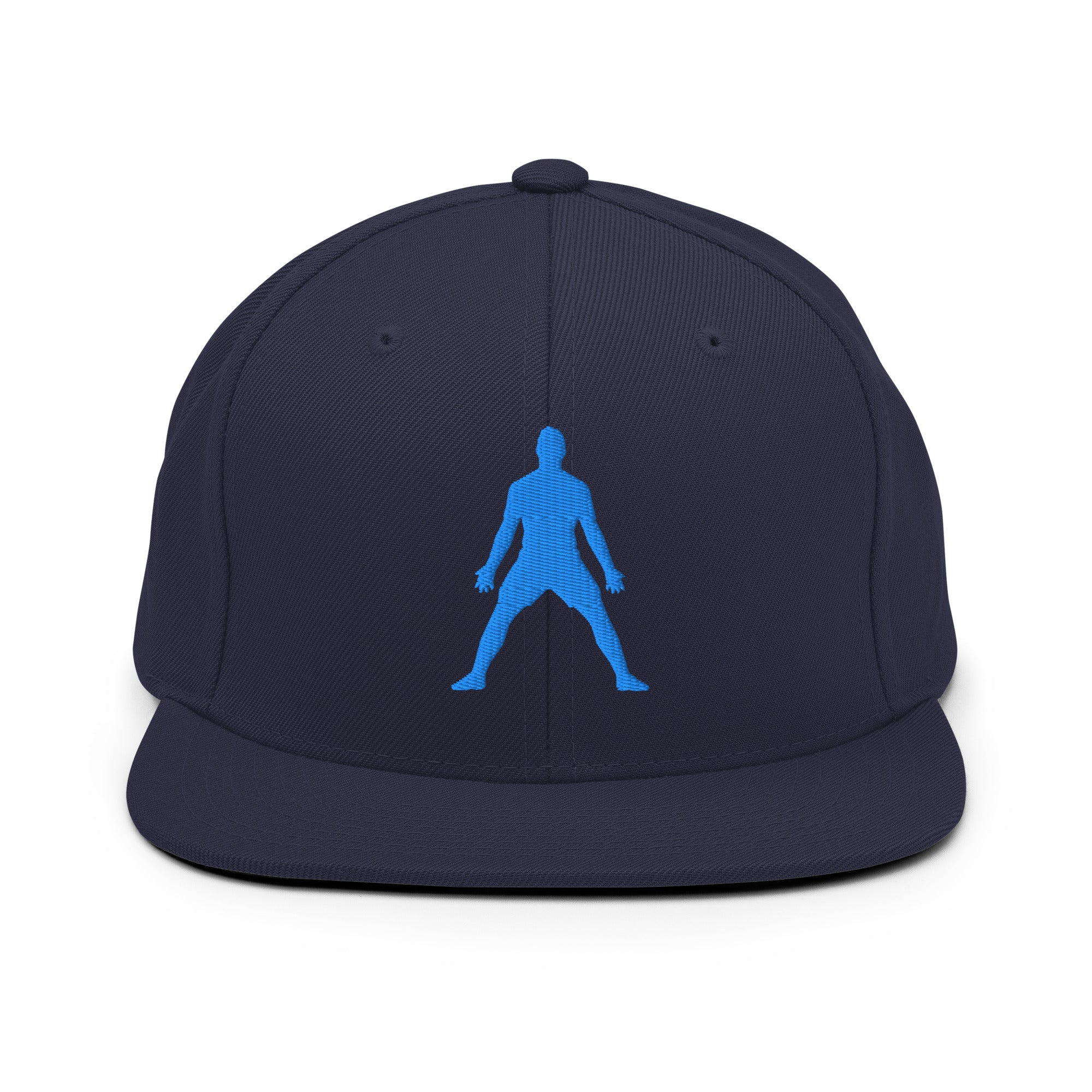 Navy snapback hat with 3D puff blue silhouette embroidery on front panel