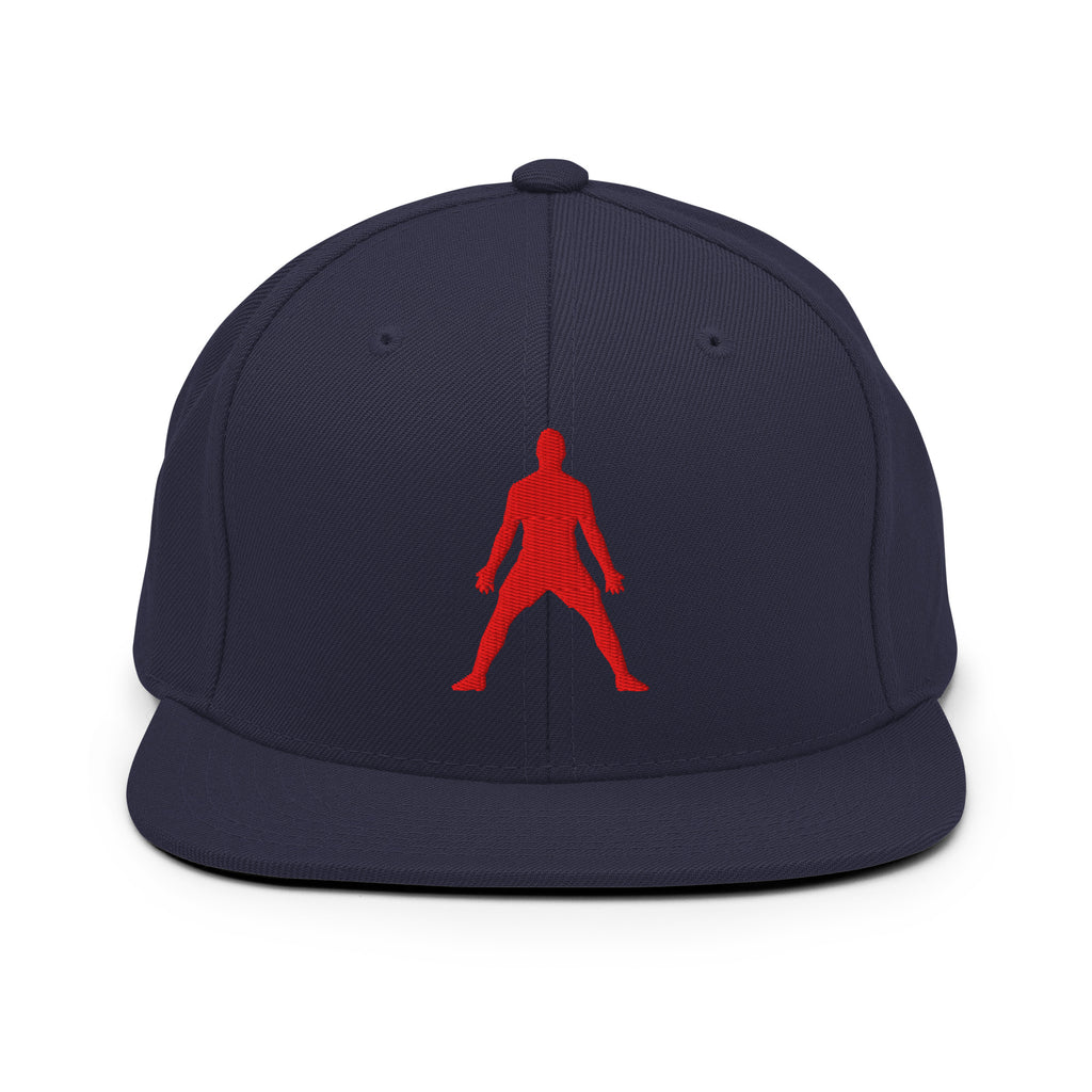 Dark navy snapback hat with red 3D puff silhouette logo embroidery, flat brim, button top.