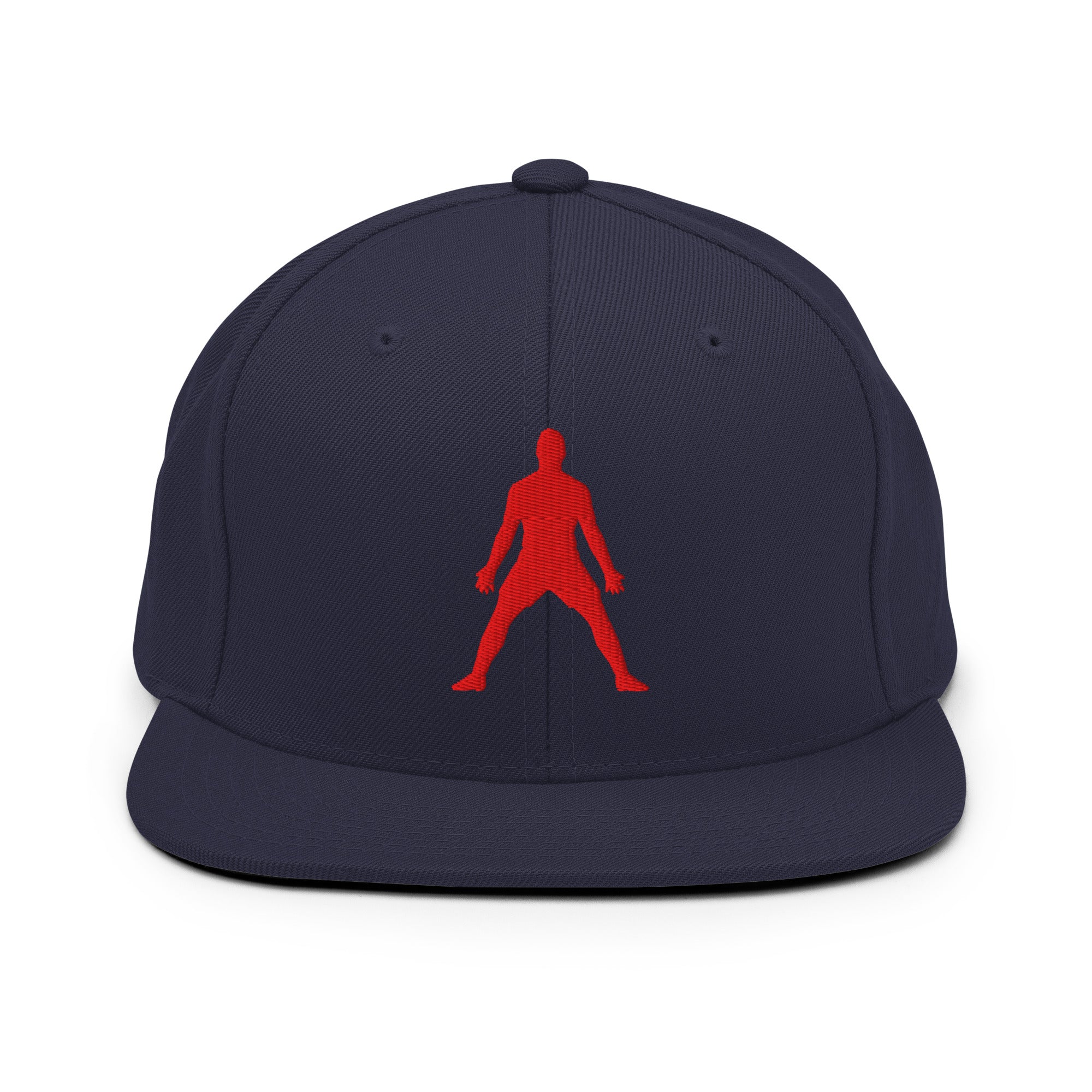Dark navy snapback hat with red 3D puff silhouette logo embroidery, flat brim, button top.