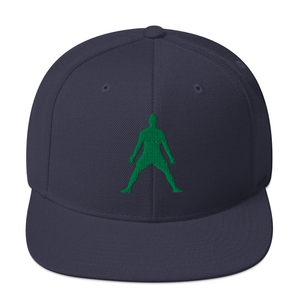Navy snapback hat with 3D puff embroidered green silhouette front panel.