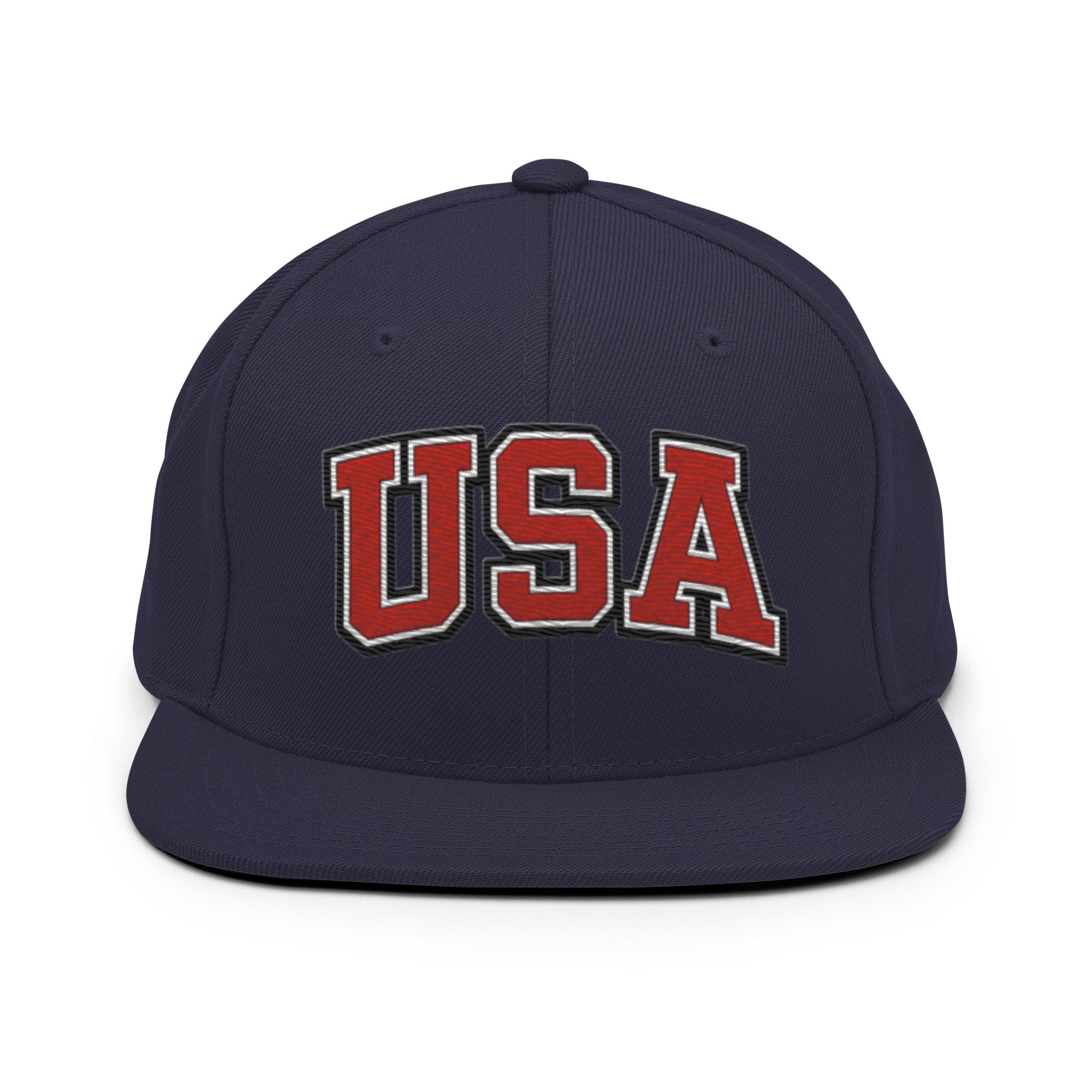 Navy snapback hat with embroidered USA logo in red and white