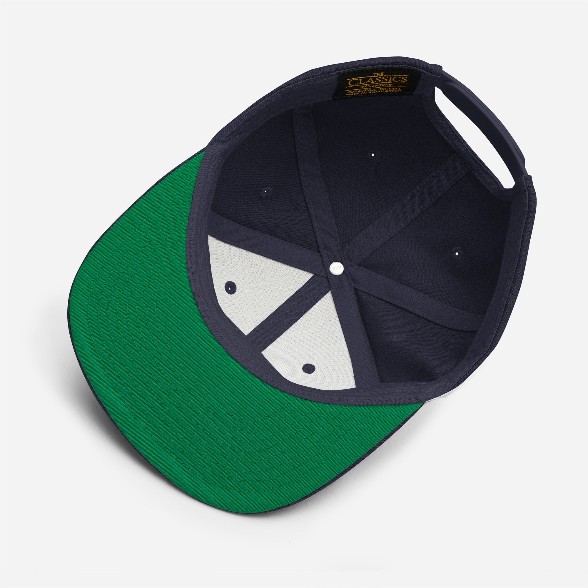Two-tone green and dark snapback hat with white and green geometric front panels