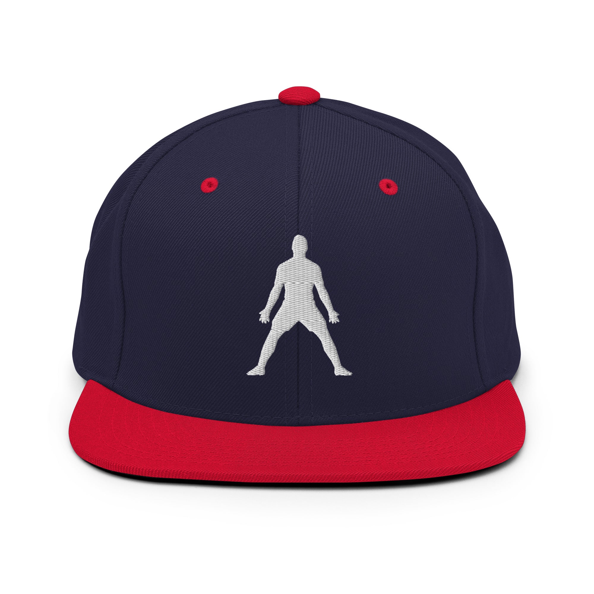 Navy snapback hat with red eyelets and white 3D puff figure front