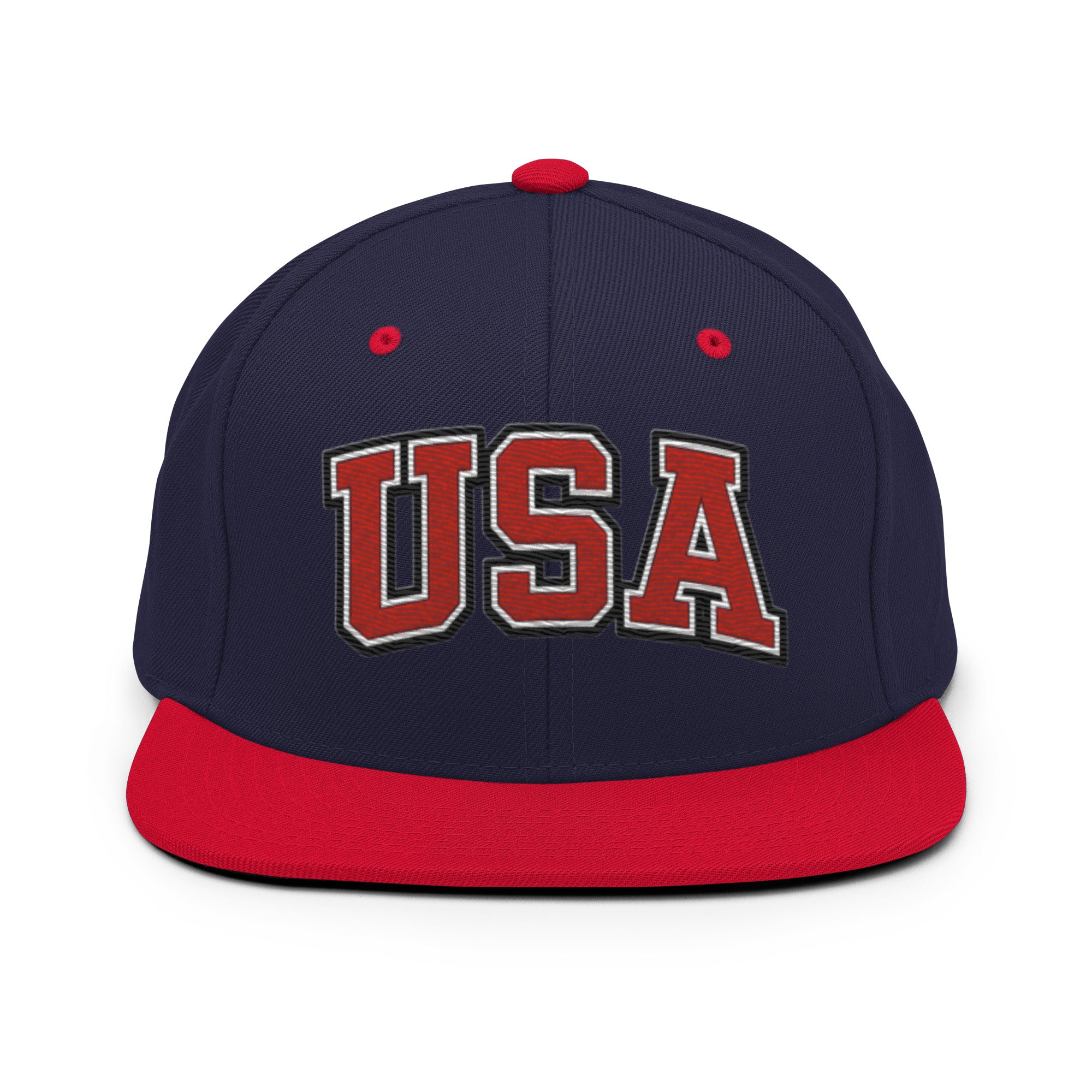 Navy snapback hat with red brim and embroidered USA logo in red and white