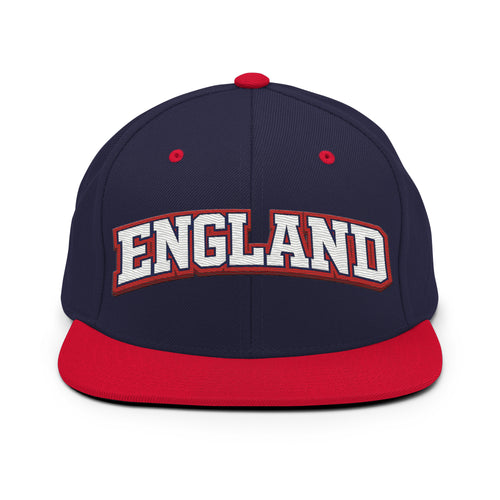 Navy snapback hat with embroidered England wordmark and red underside brim