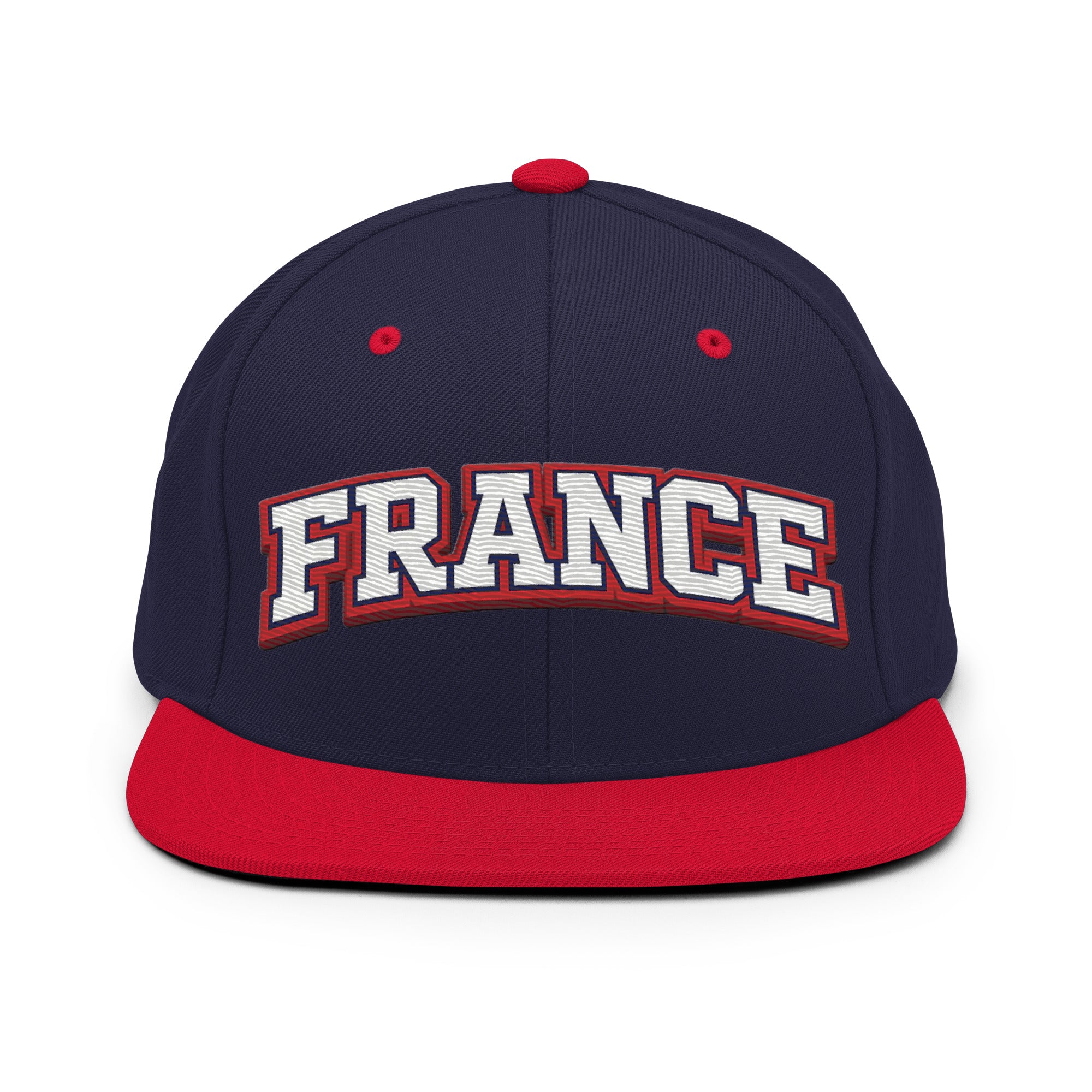 Navy snapback hat with red top button, red trim, and embroidered “FRANCE” logo