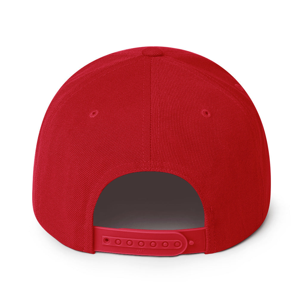 Red snapback hat back view with adjustable strap and stitched eyelets.