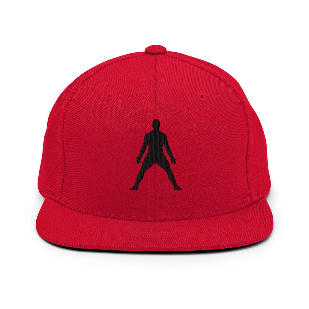 Red snapback hat with 3D puff embroidered standing silhouette on front
