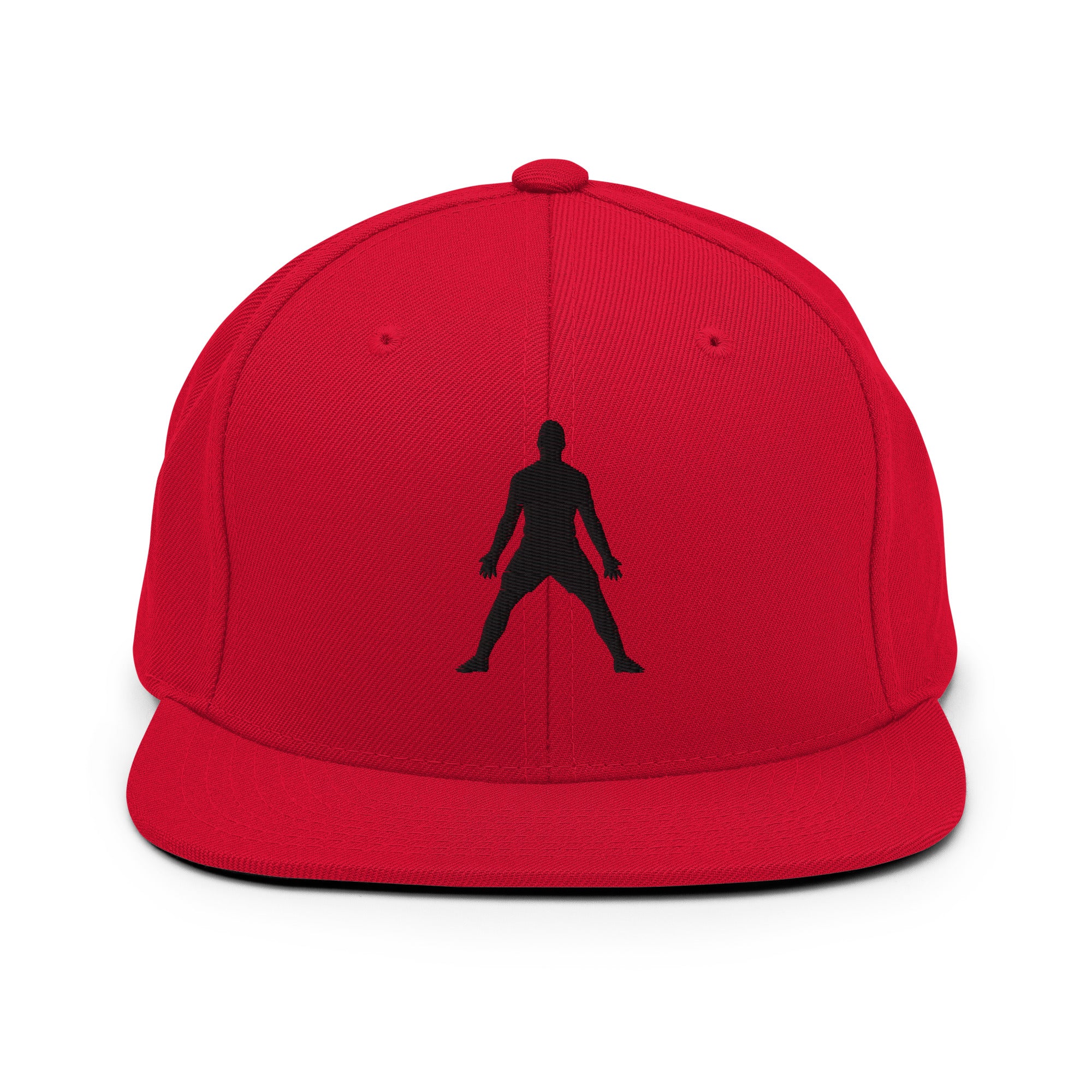 Red snapback hat with 3D puff embroidered standing silhouette on front