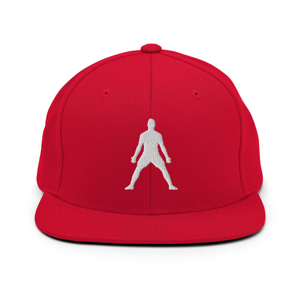 Red snapback hat with white 3D puff figure embroidered at center
