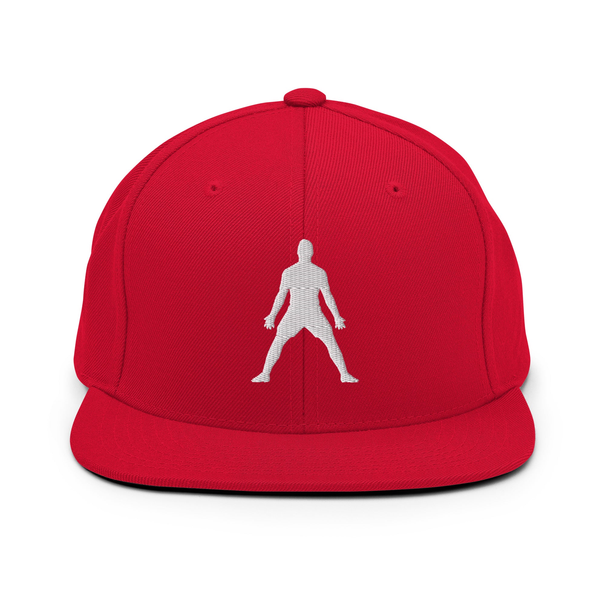 Red snapback hat with white 3D puff figure embroidered at center