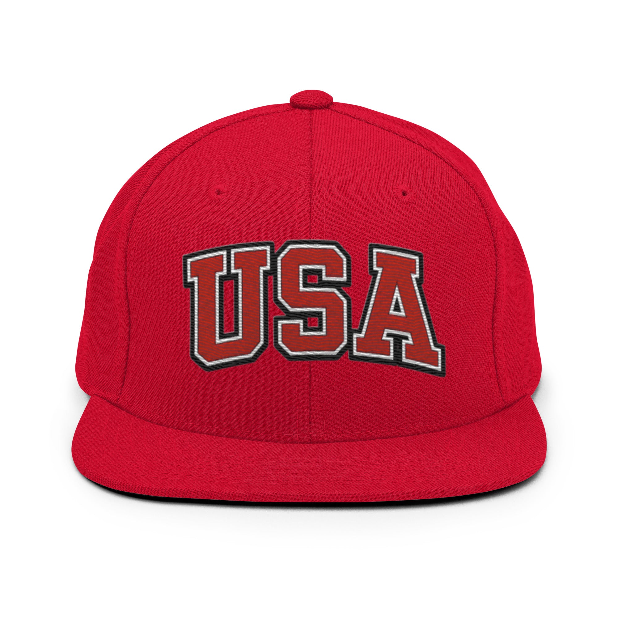 Red snapback hat with embroidered USA logo in red and white