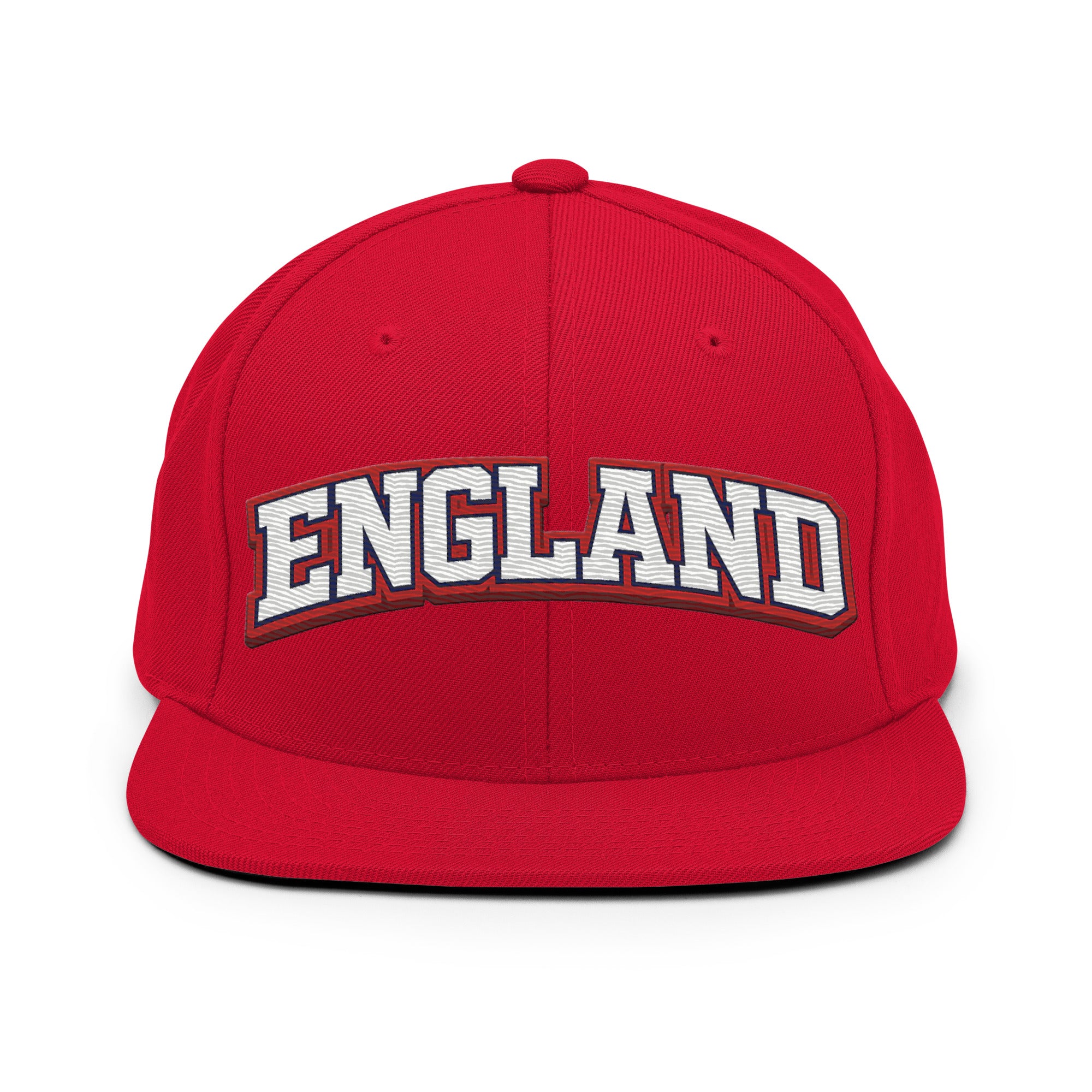 Red snapback hat with embroidered “ENGLAND” on the front panel.