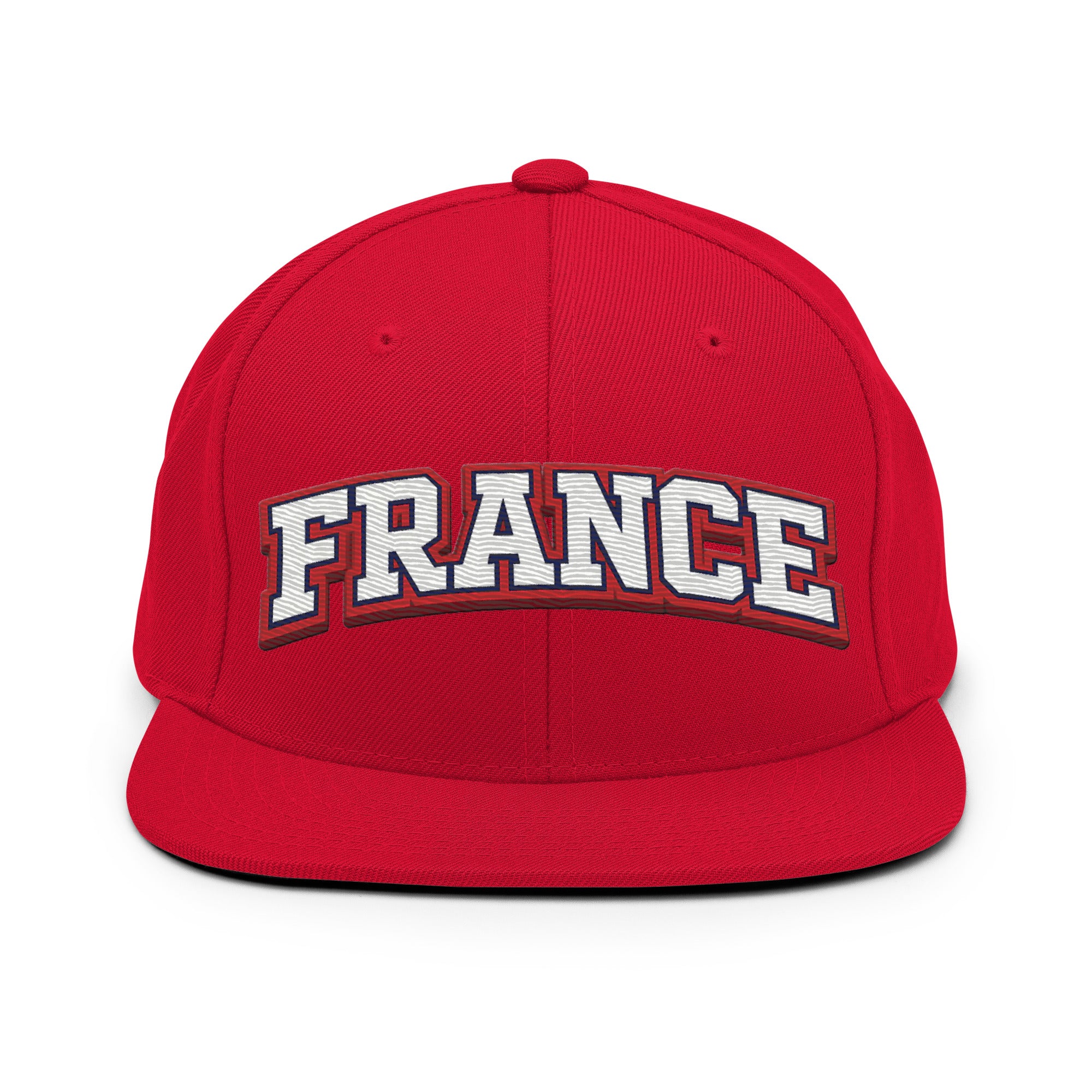 Red snapback hat with dark embroidered “FRANCE” logo in red and white