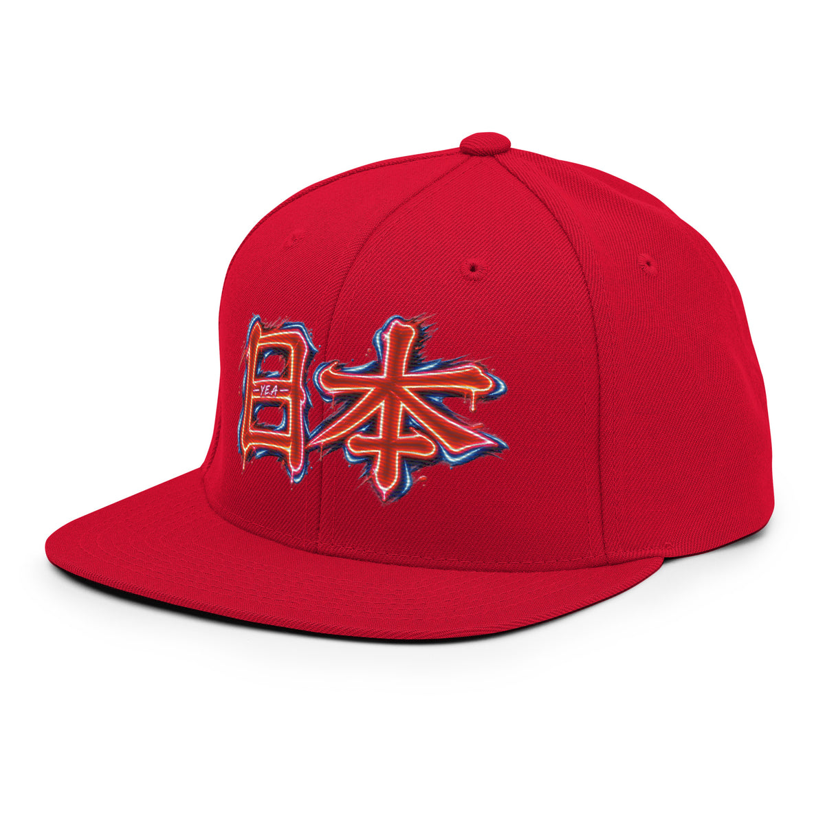 Red snapback hat with neon red-and-blue embroidered Japanese-style logo