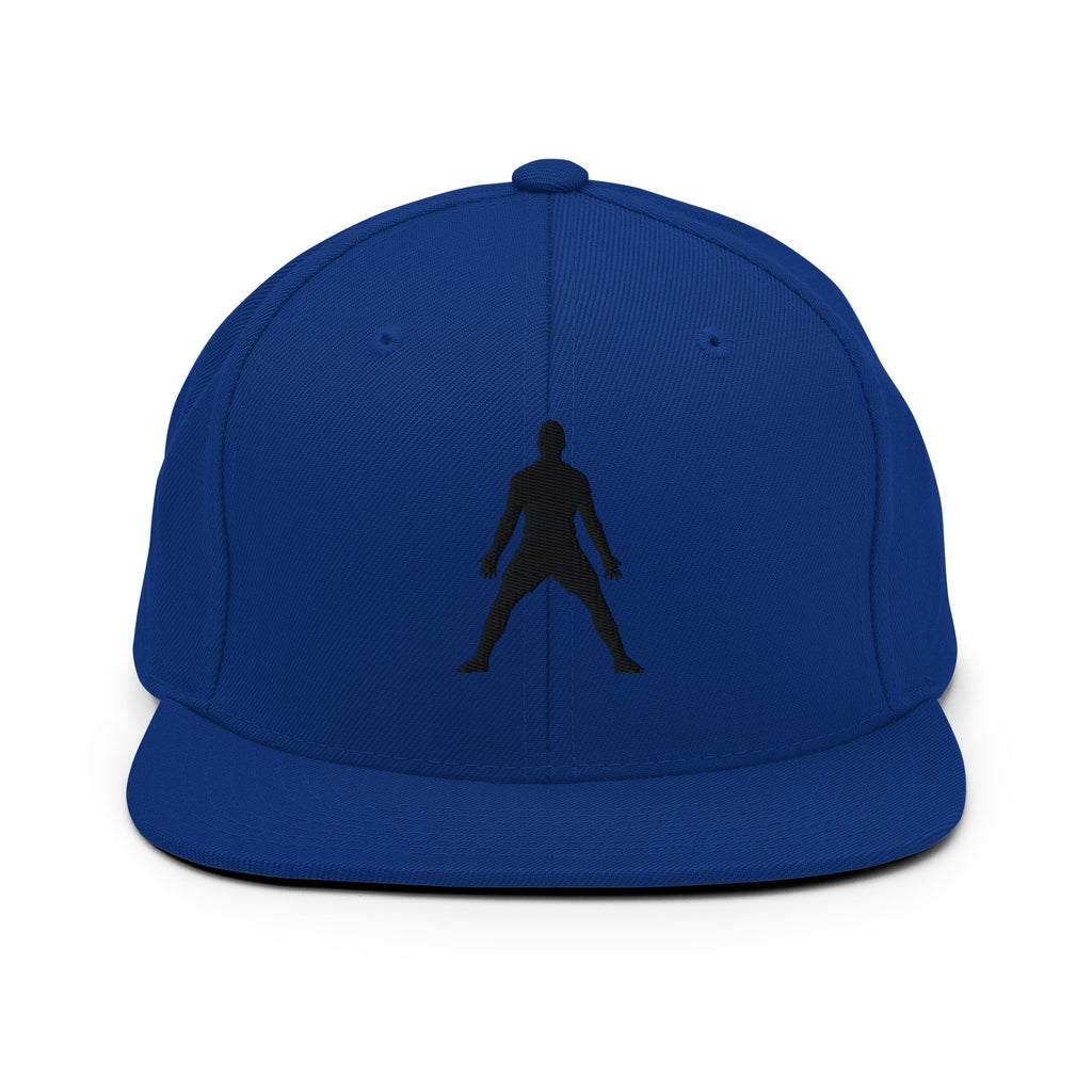 Royal blue snapback hat with 3D puff embroidered standing silhouette on front