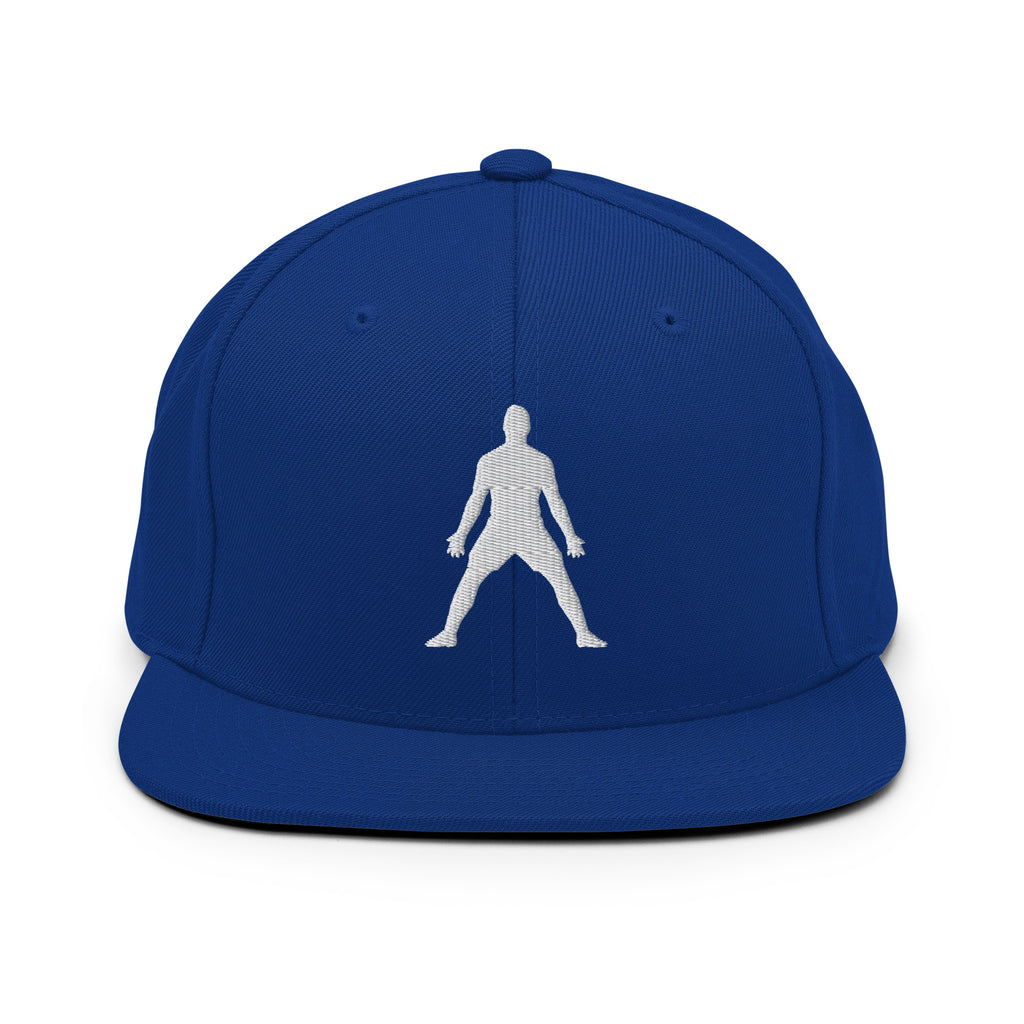Royal blue snapback hat with white 3D puff embroidered figure logo on front