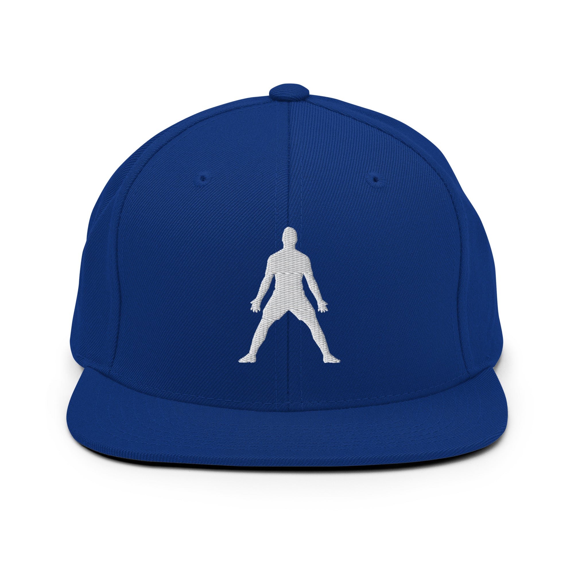 Royal blue snapback hat with white 3D puff embroidered figure logo on front