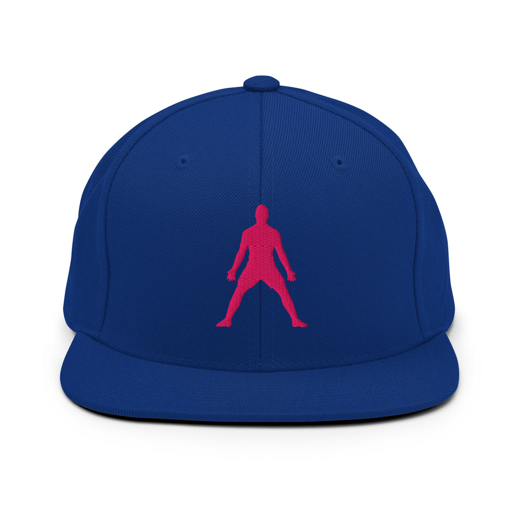 Royal blue snapback hat with neon pink 3D-style embroidered figure on front panel