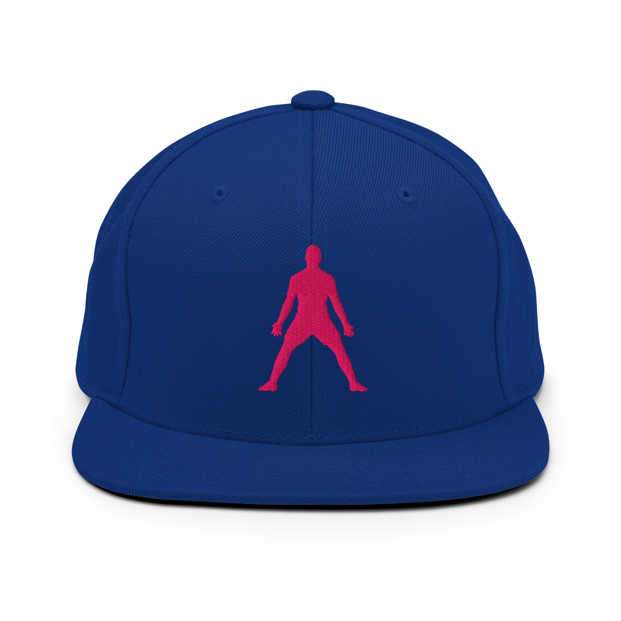 Royal blue snapback hat with neon pink 3D-style embroidered figure on front panel