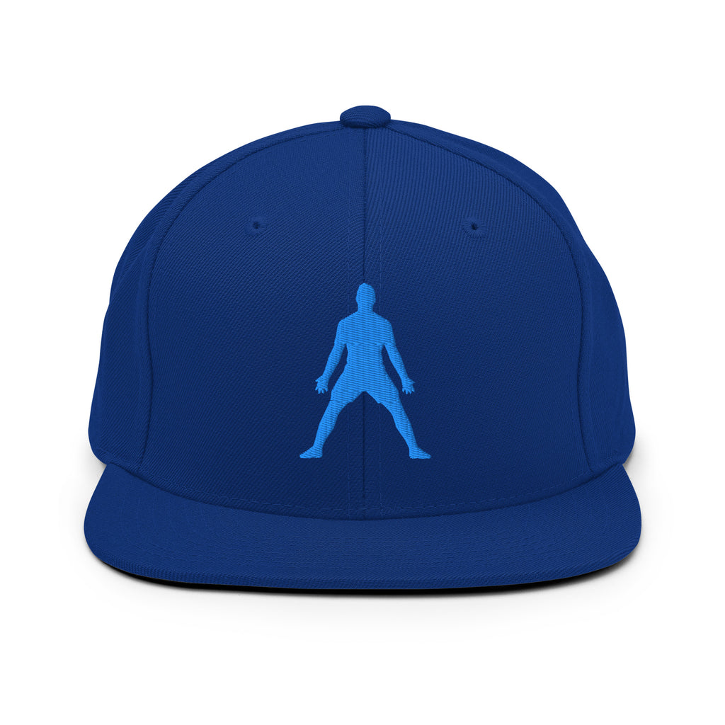 Royal blue snapback hat with 3D puff blue silhouette embroidery on front panel