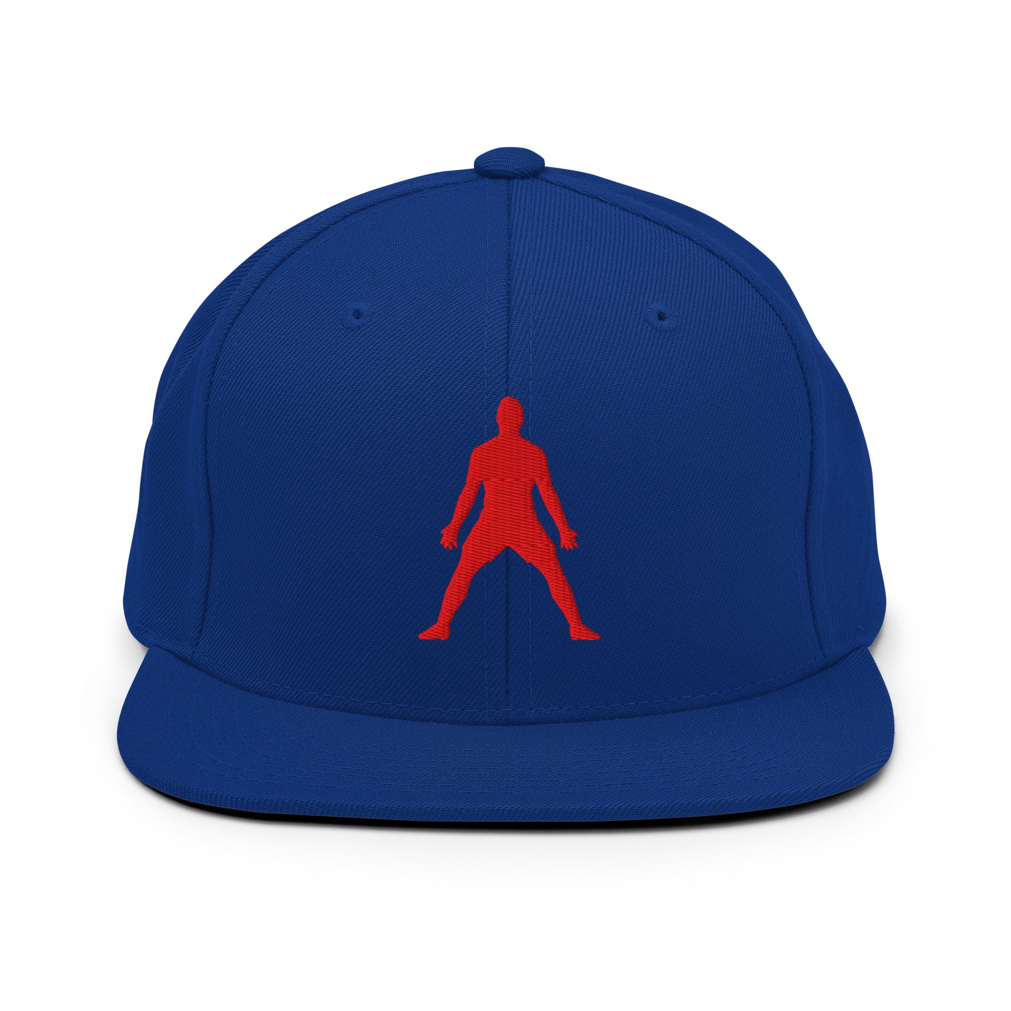 Royal blue snapback hat with red 3D puff silhouette logo embroidery, flat brim, button top.