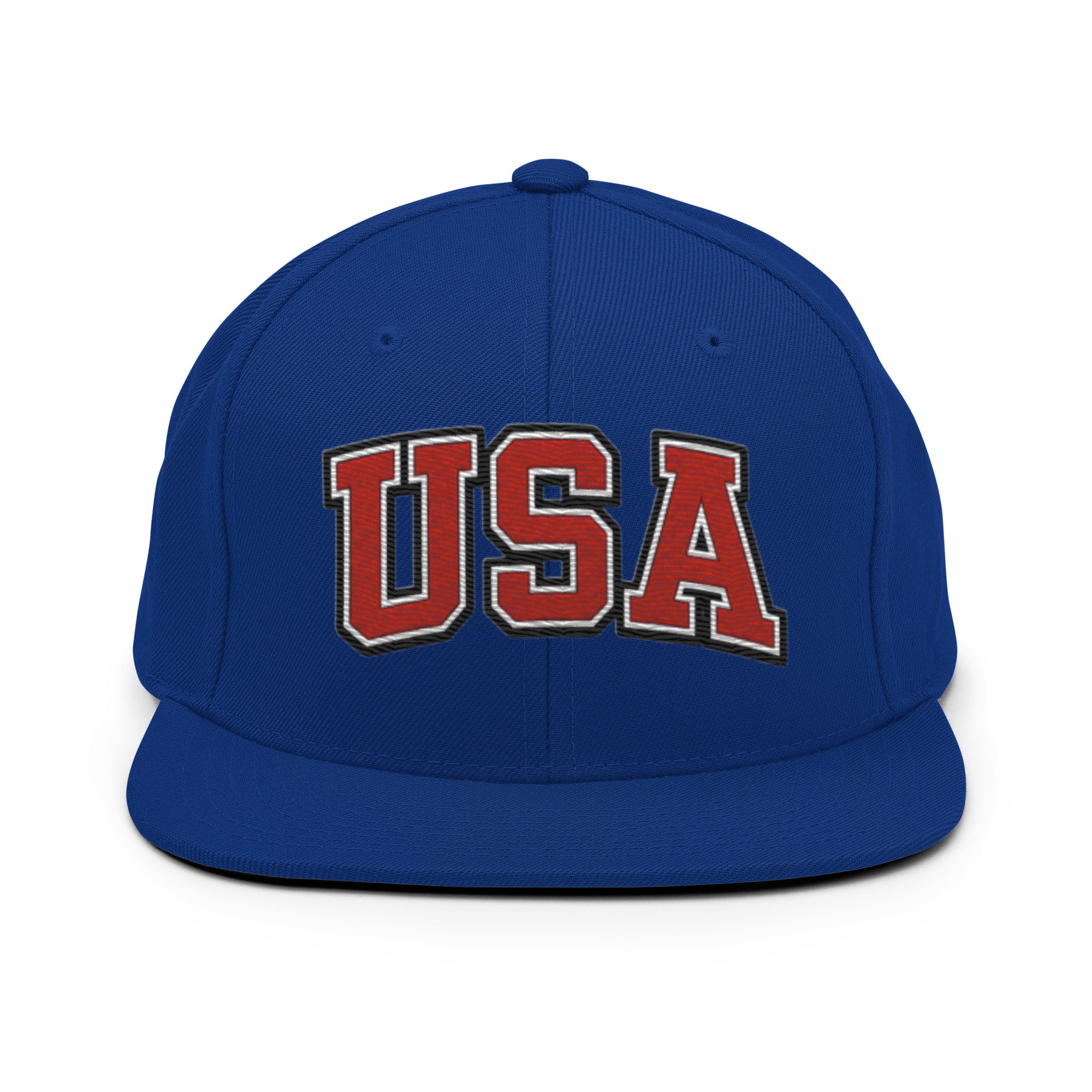 Royal blue snapback hat with embroidered USA logo in red and white
