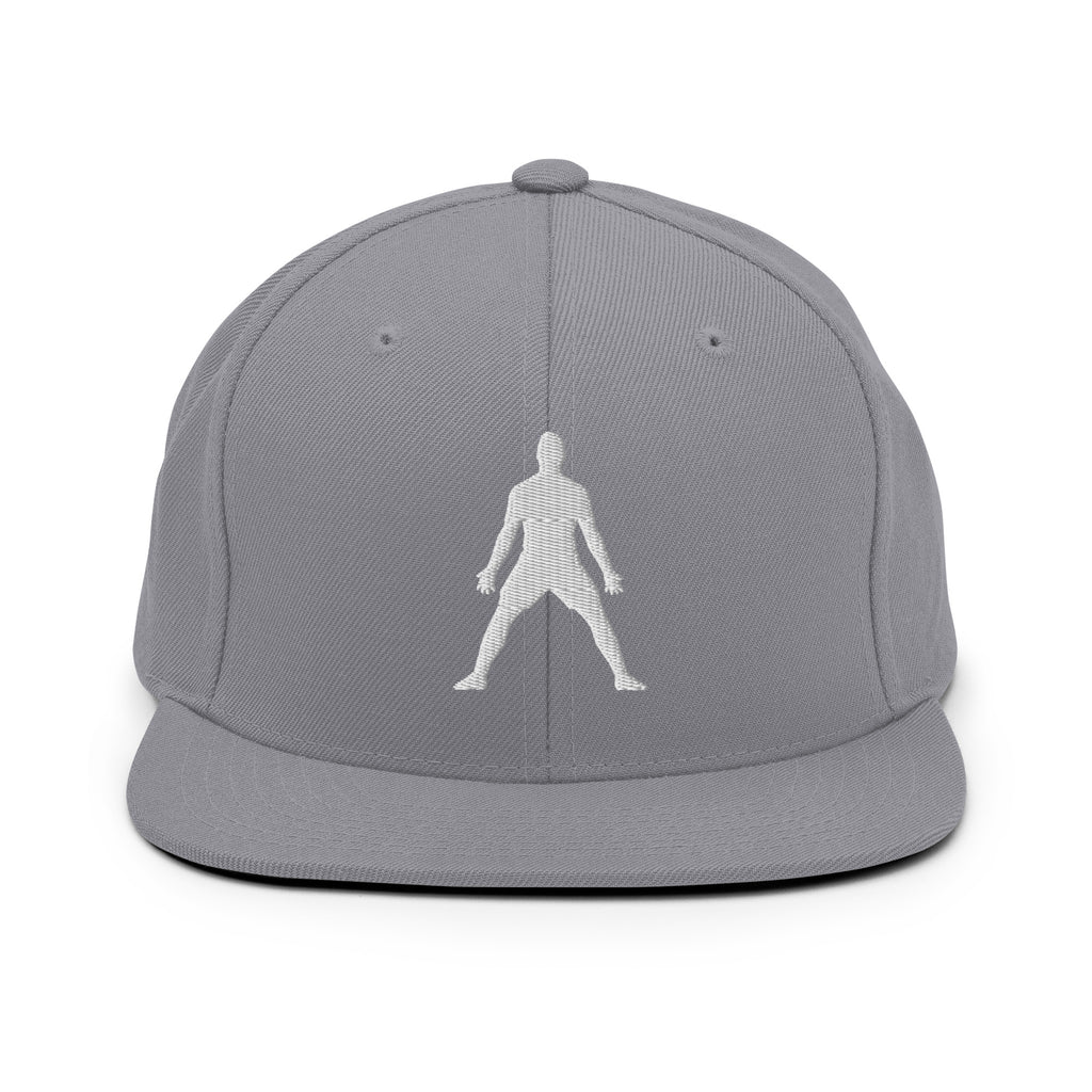 Light gray snapback hat with white 3D puff embroidered figure logo on front