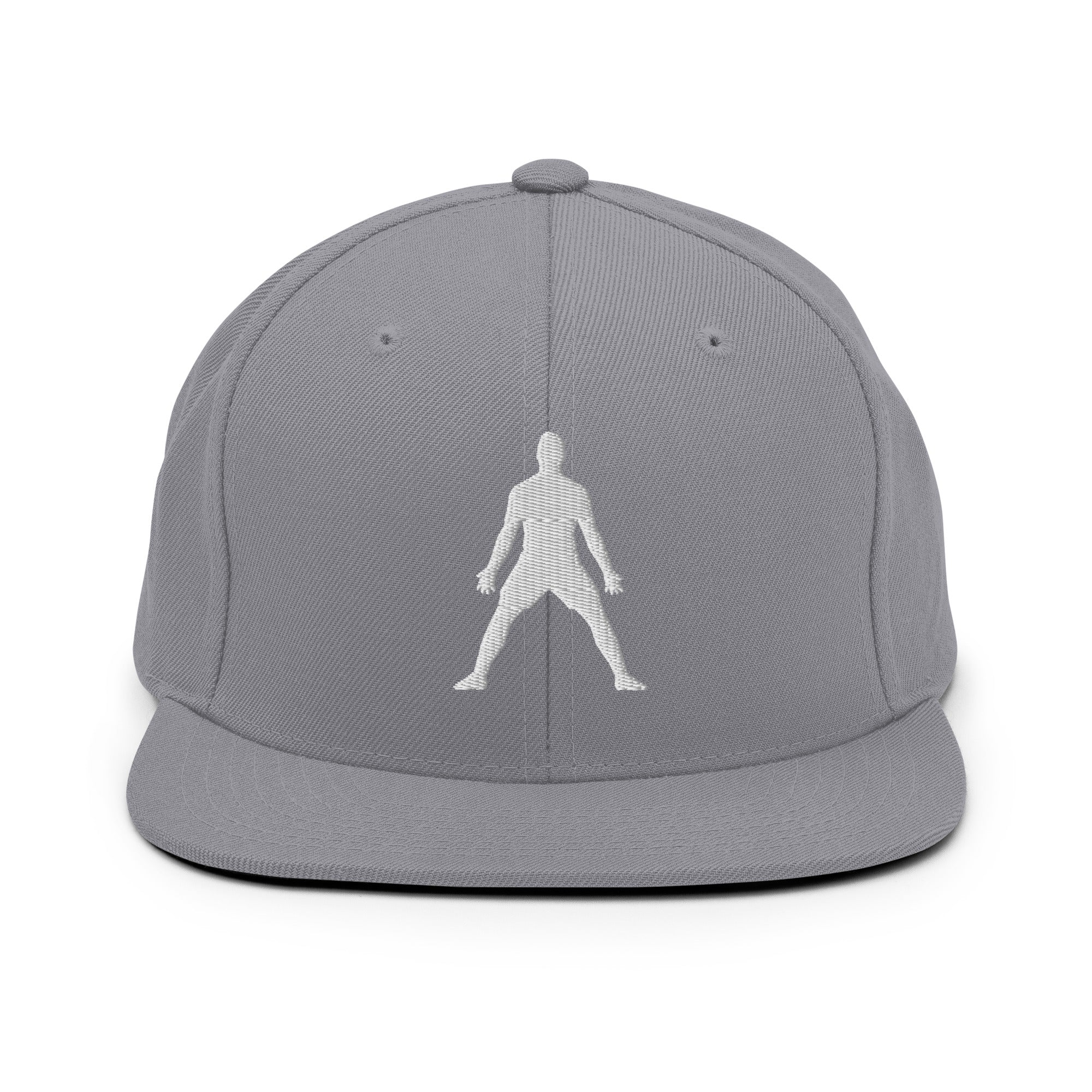 Light gray snapback hat with white 3D puff embroidered figure logo on front