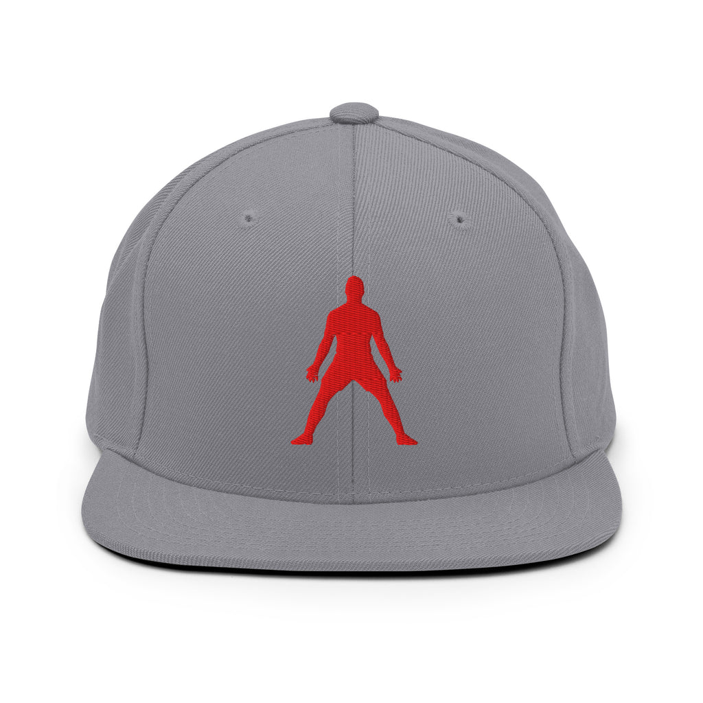 Heather grey snapback hat with red 3D puff silhouette logo embroidery, flat brim, button top.