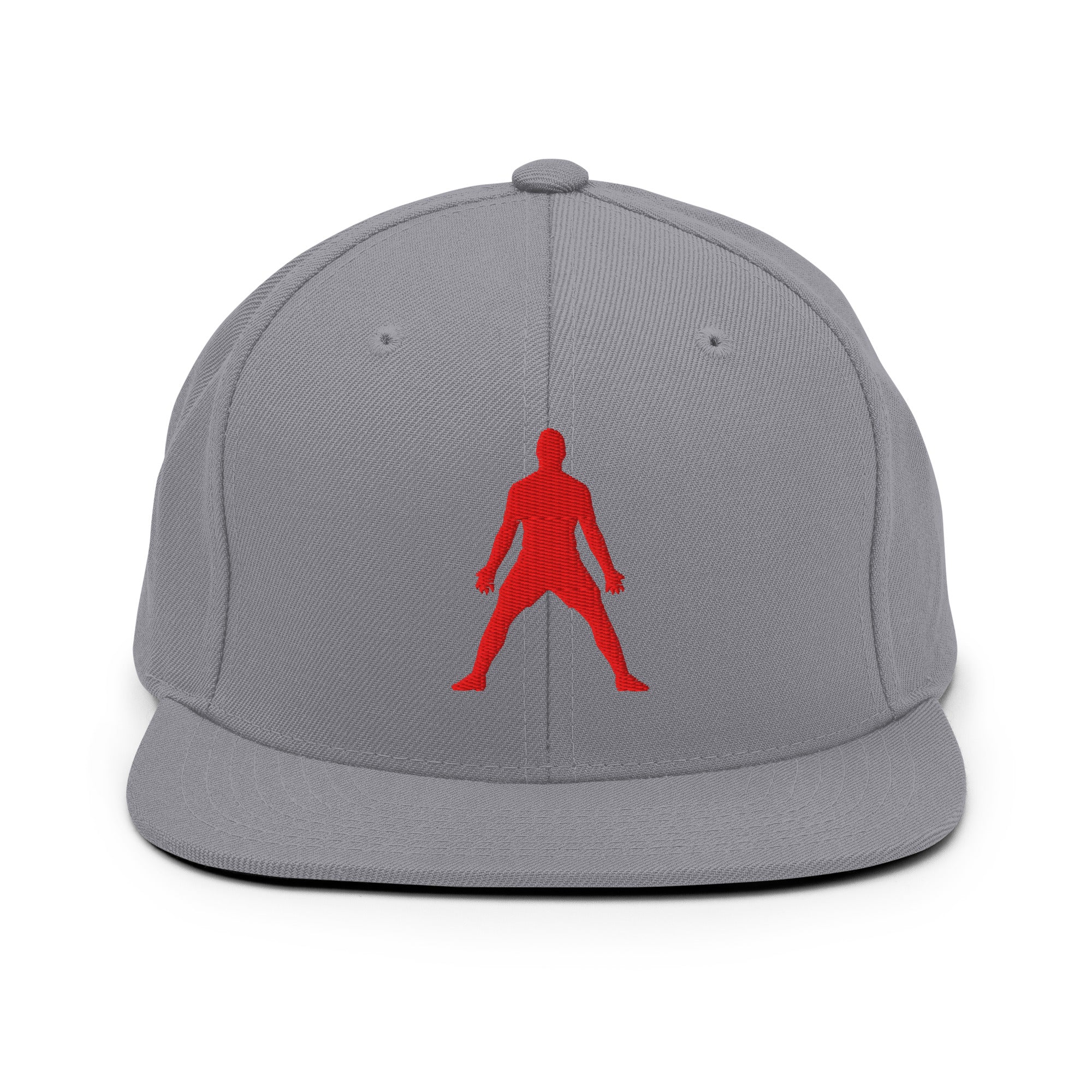 Heather grey snapback hat with red 3D puff silhouette logo embroidery, flat brim, button top.