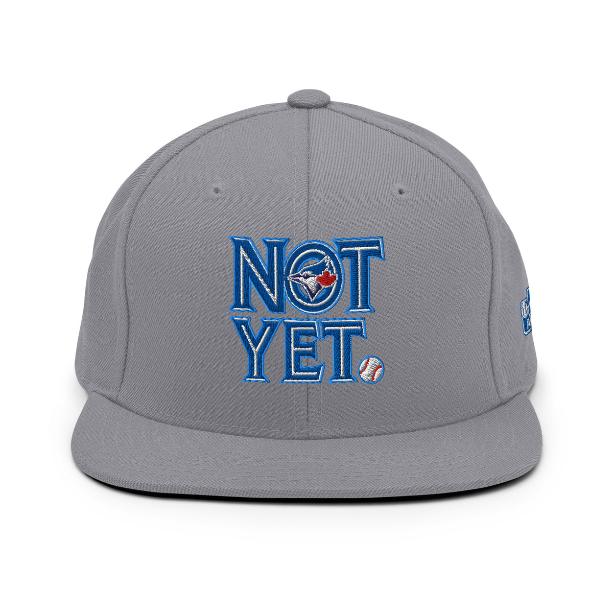 Gray snapback hat with embroidered NOT YET logo and adjustable back.