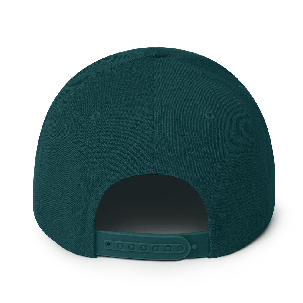 Green snapback hat back view with adjustable strap and ventilation eyelets.